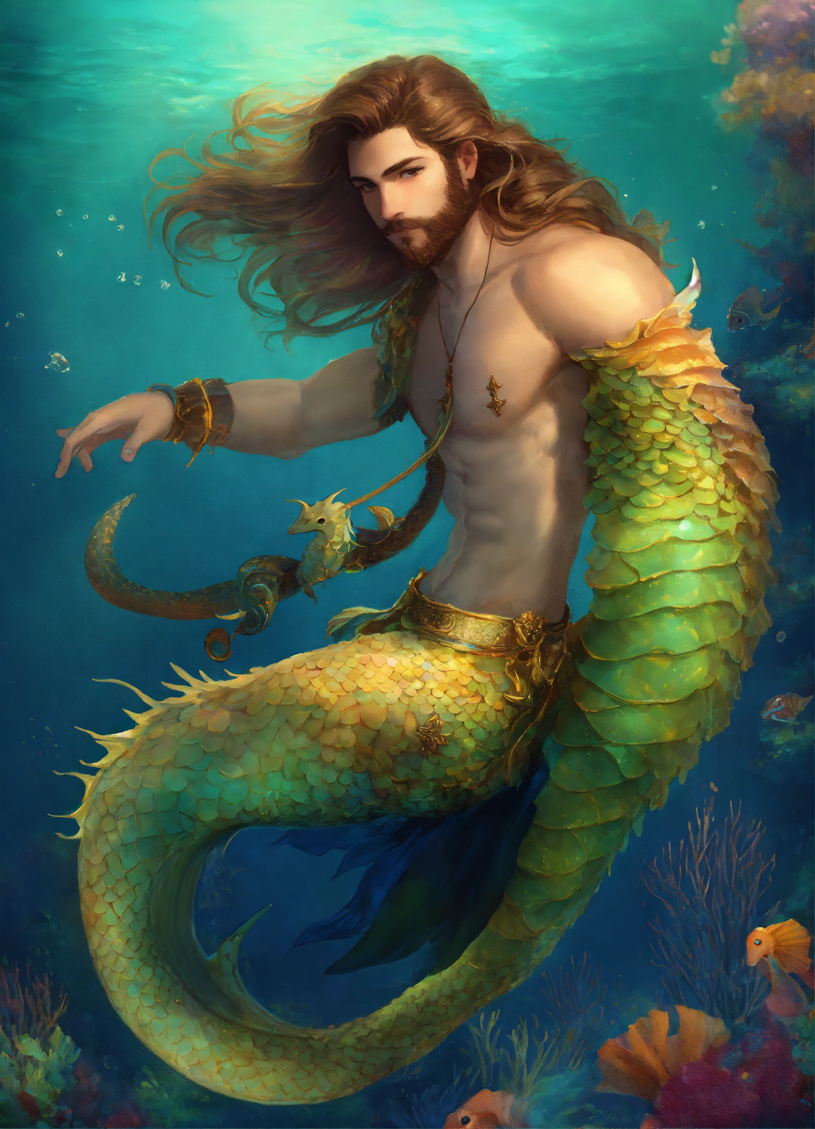 Lexica - A merman. Male. Long hair. Seahorse tail.