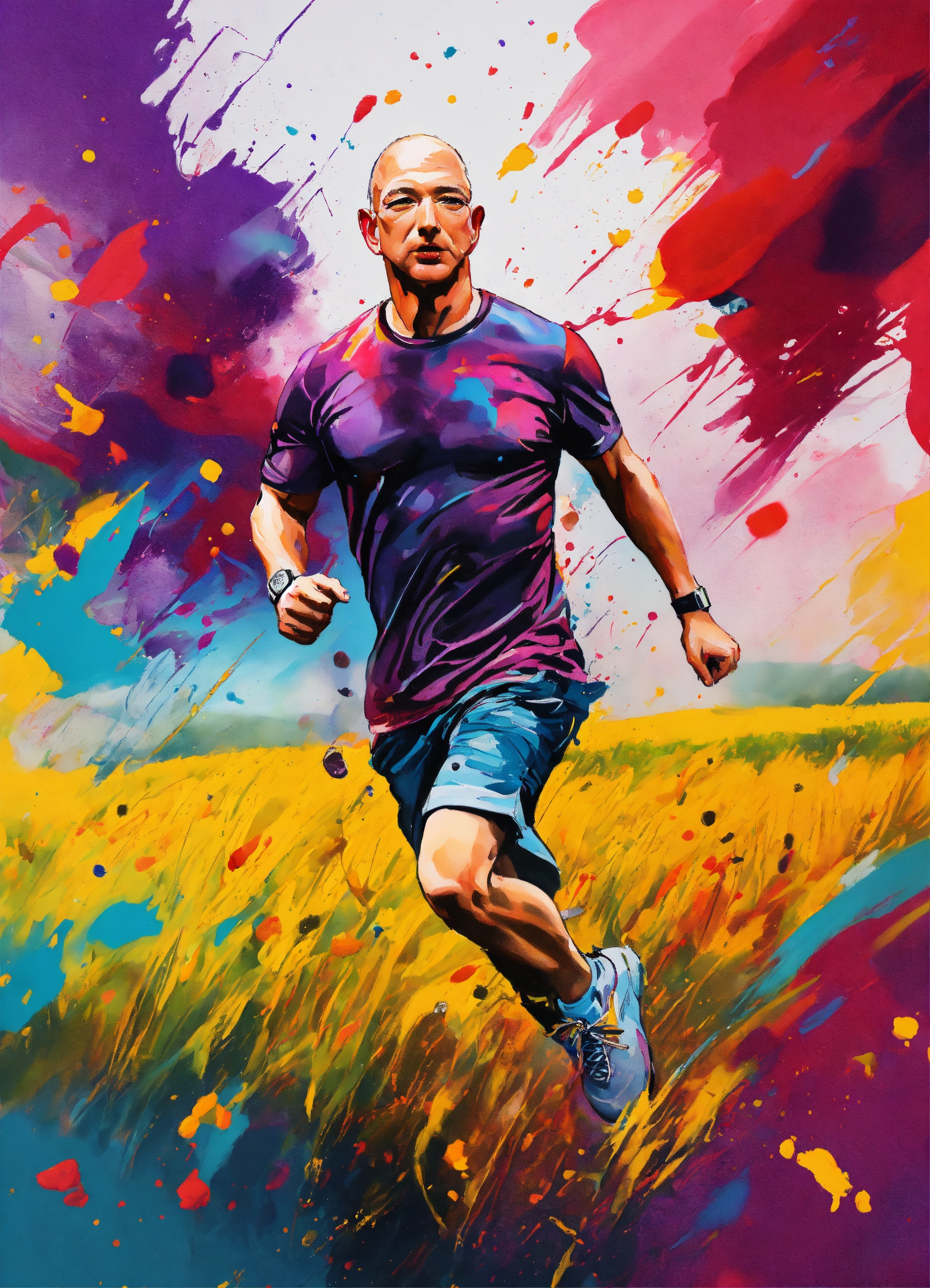 Lexica - A painting of 'Jeff Bezos' running with t-shirt in a field ...