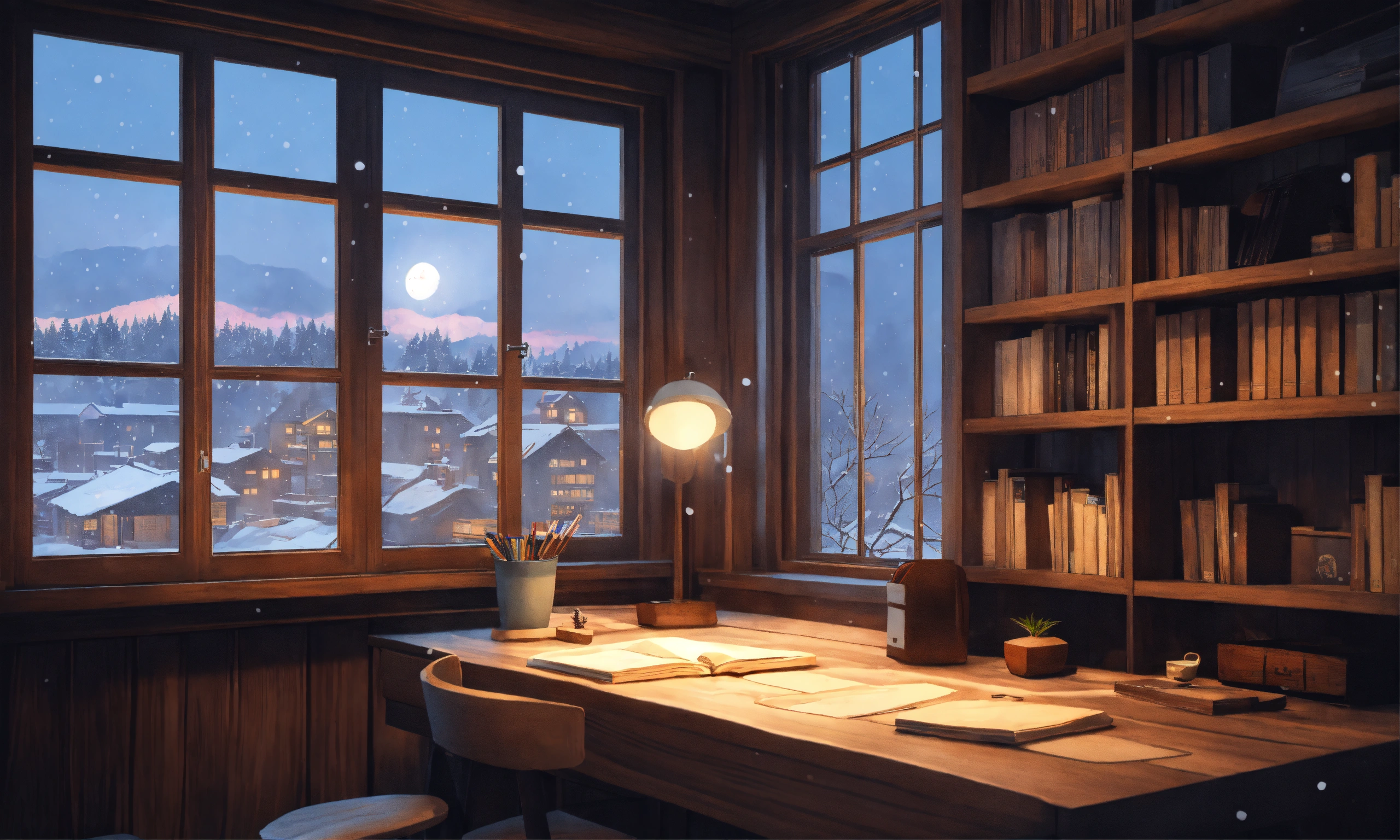 Lexica - Study room in forrest cabin, dark grey washed tints, studio ...