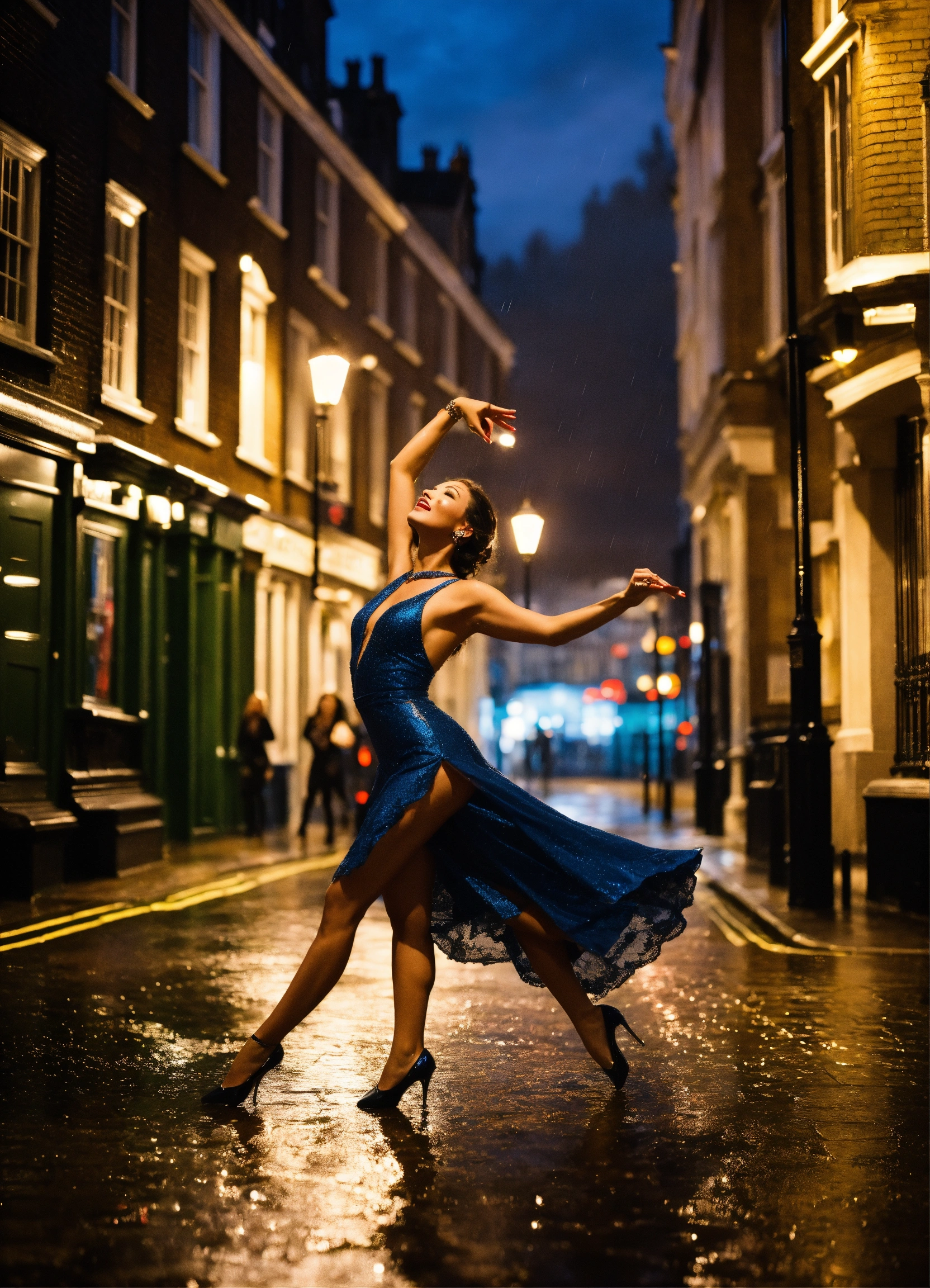 Lexica - A glamorous woman dancing in the romantic streets of London at ...