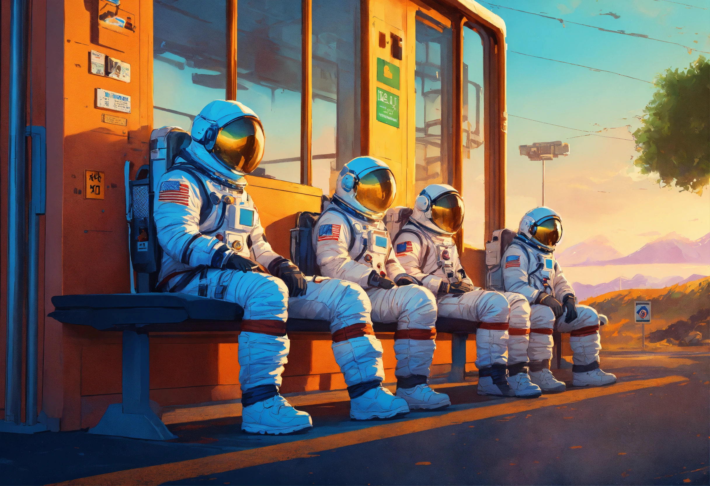Lexica - Highly detailed 4k digital art, five astronaut, waiting bus in ...