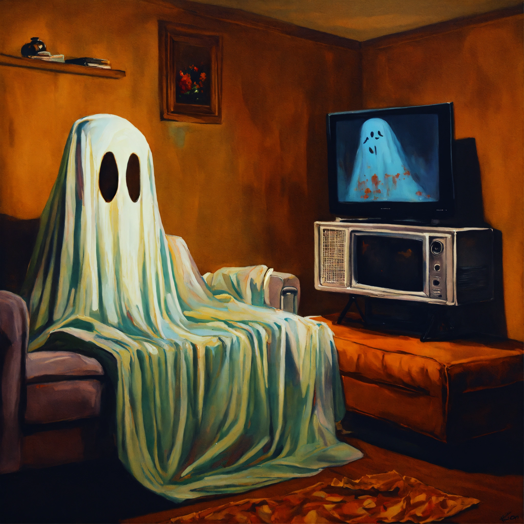 Lexica - A painting of a bedsheet ghost watching scary movies on a ...