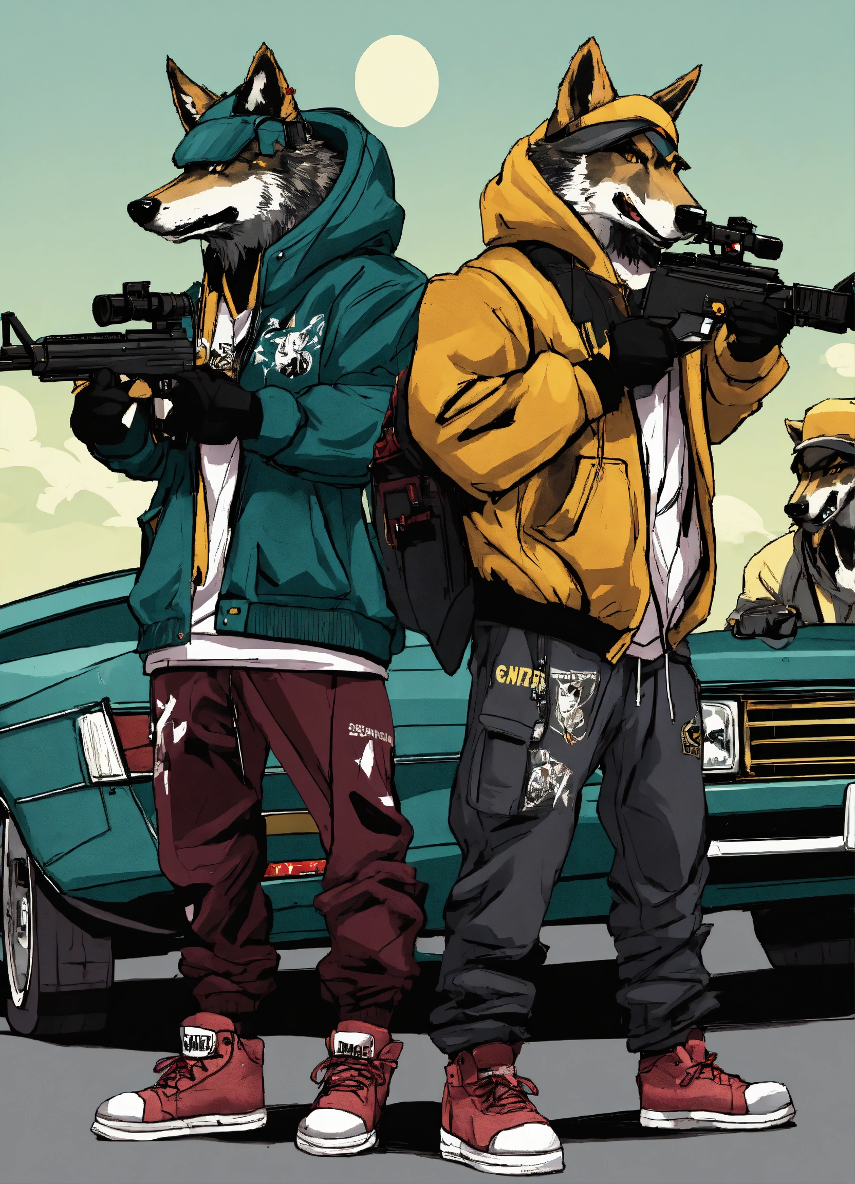 Lexica - Gangster wolves shooting big guns wearing SnapBacks and ...
