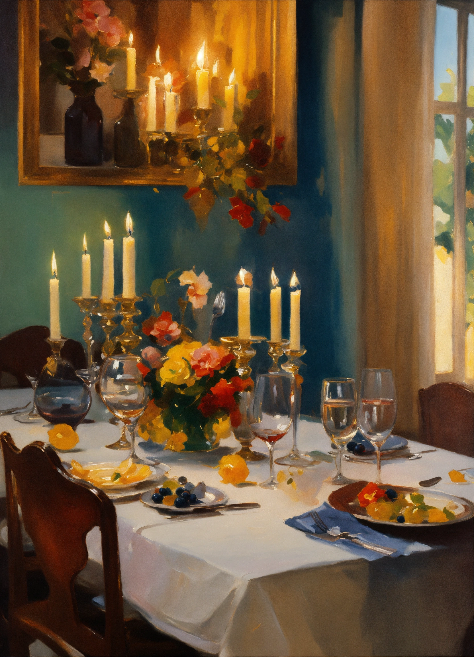 Lexica - Oil painting of a colorful dining room table, candles, fork ...