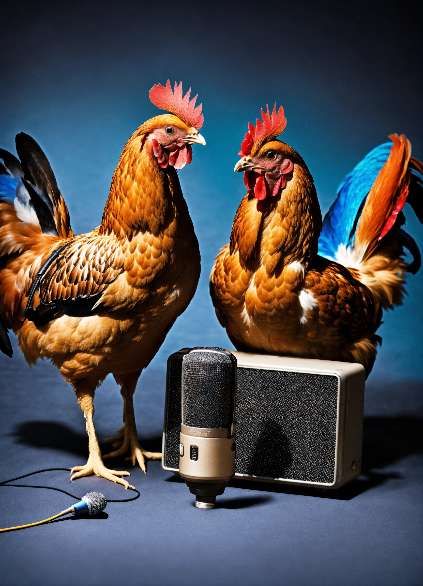 Lexica Photorealistic picture of chickens with a microphone and