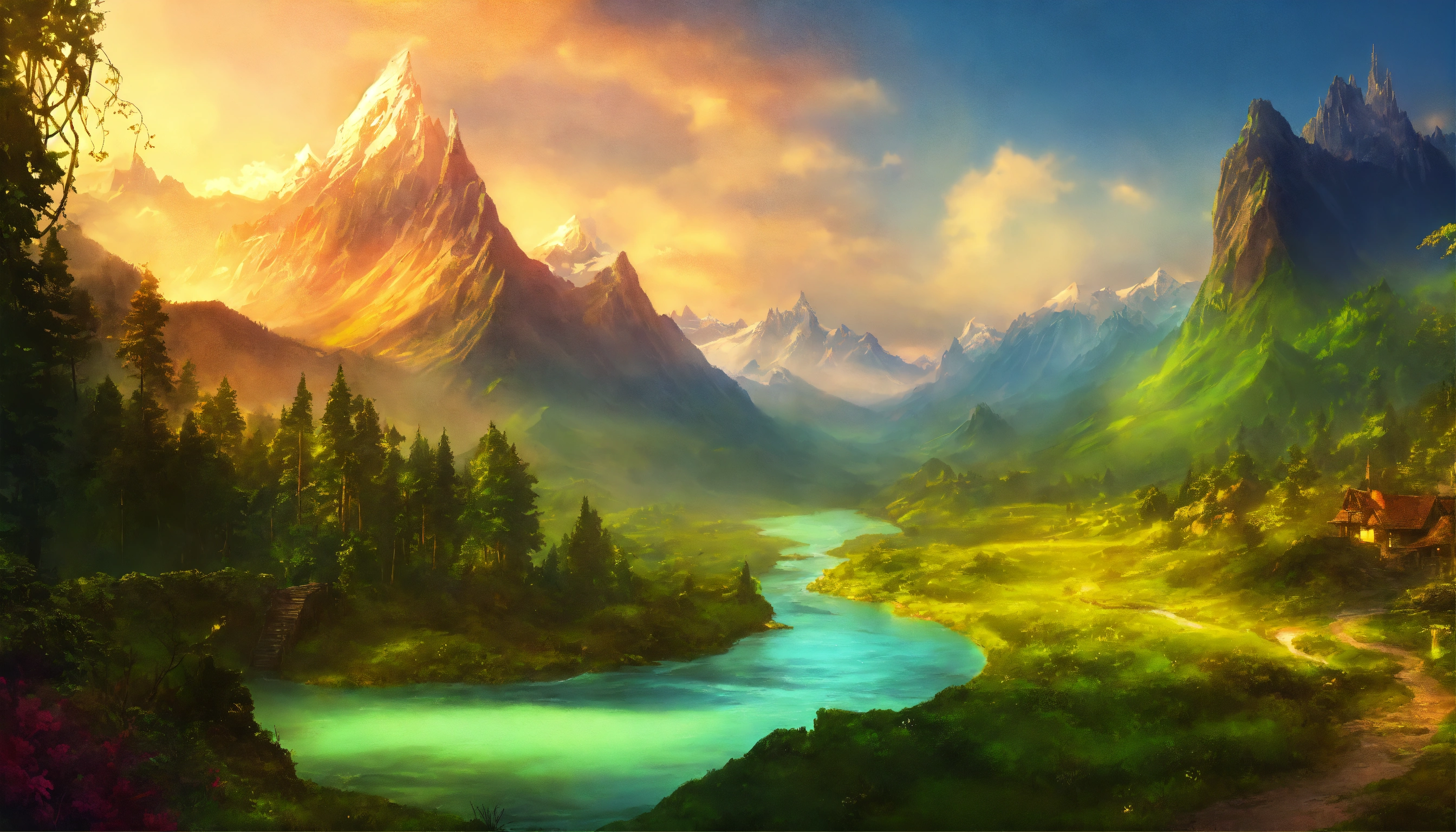 Lexica - A beautiful fantasy landscape with mountains, forests, rivers ...