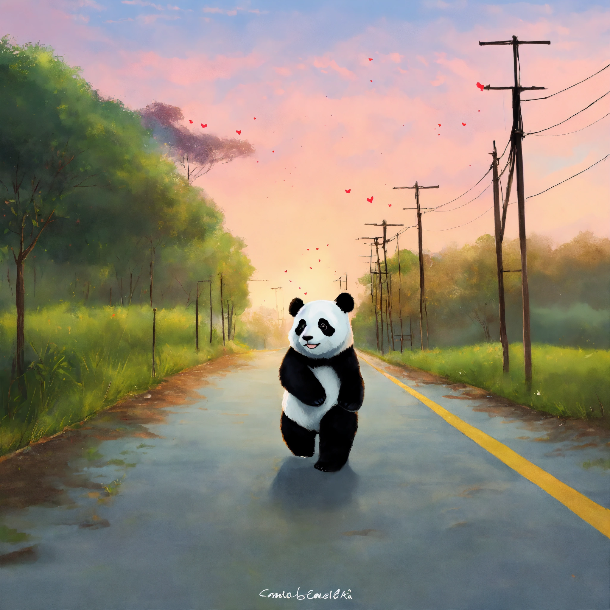 Lexica - Drawing of a panda, who is in love and is walking backwards in ...