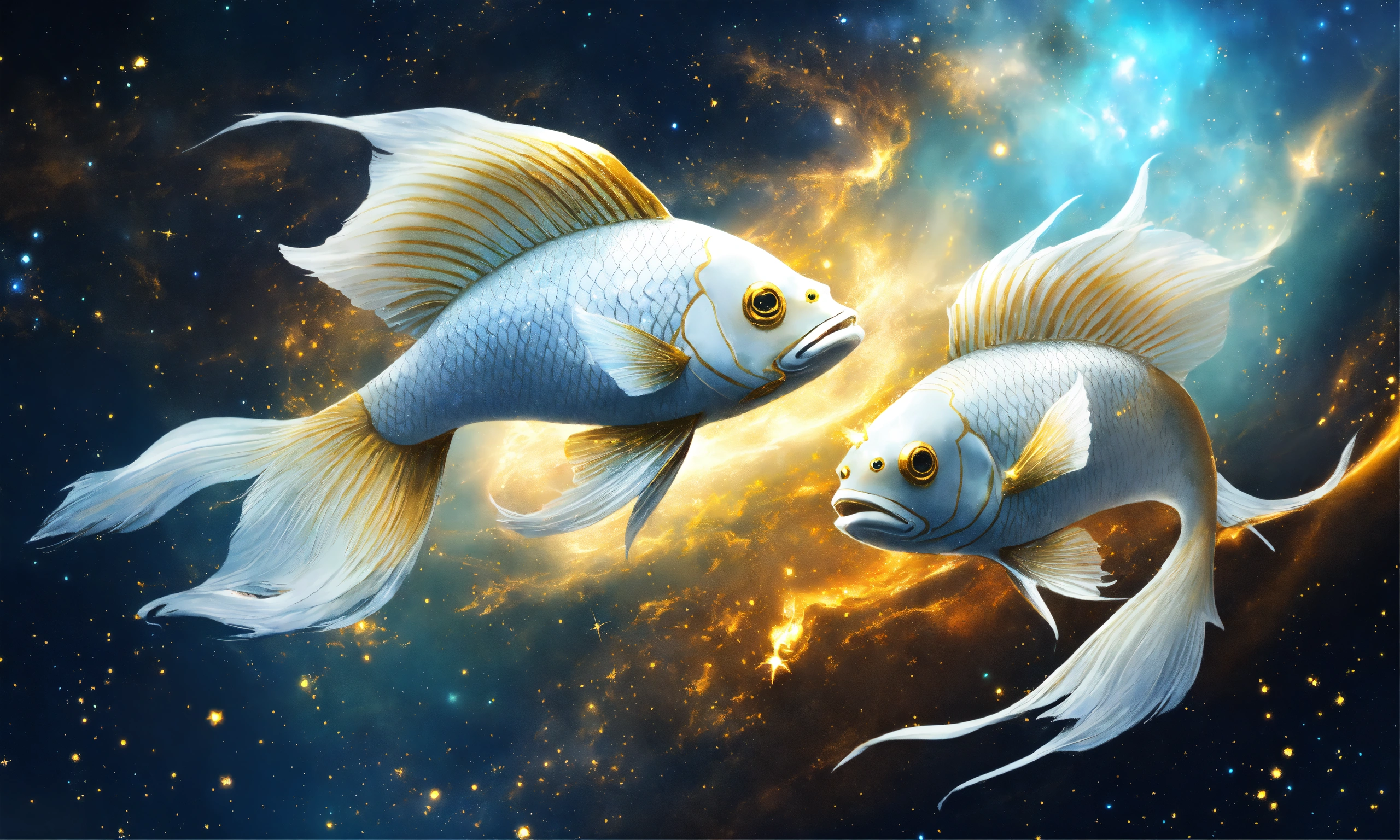 Lexica - Two gold and white mythical fish opposite each other, zodiac ...