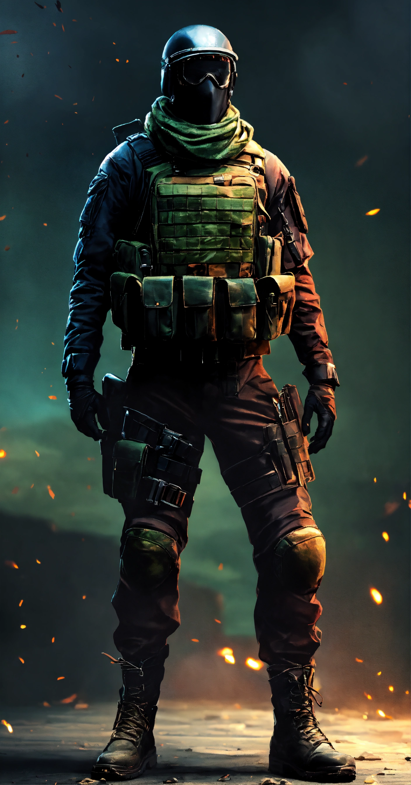 Lexica - Loneley soldier, black comando outfit, masked face, full body ...