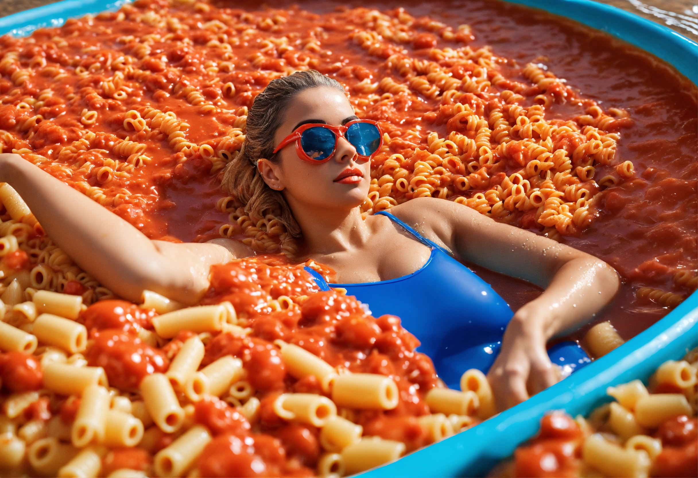 Lexica - Leticia Sabater in a swimming pool full of macaroni pasta with ...