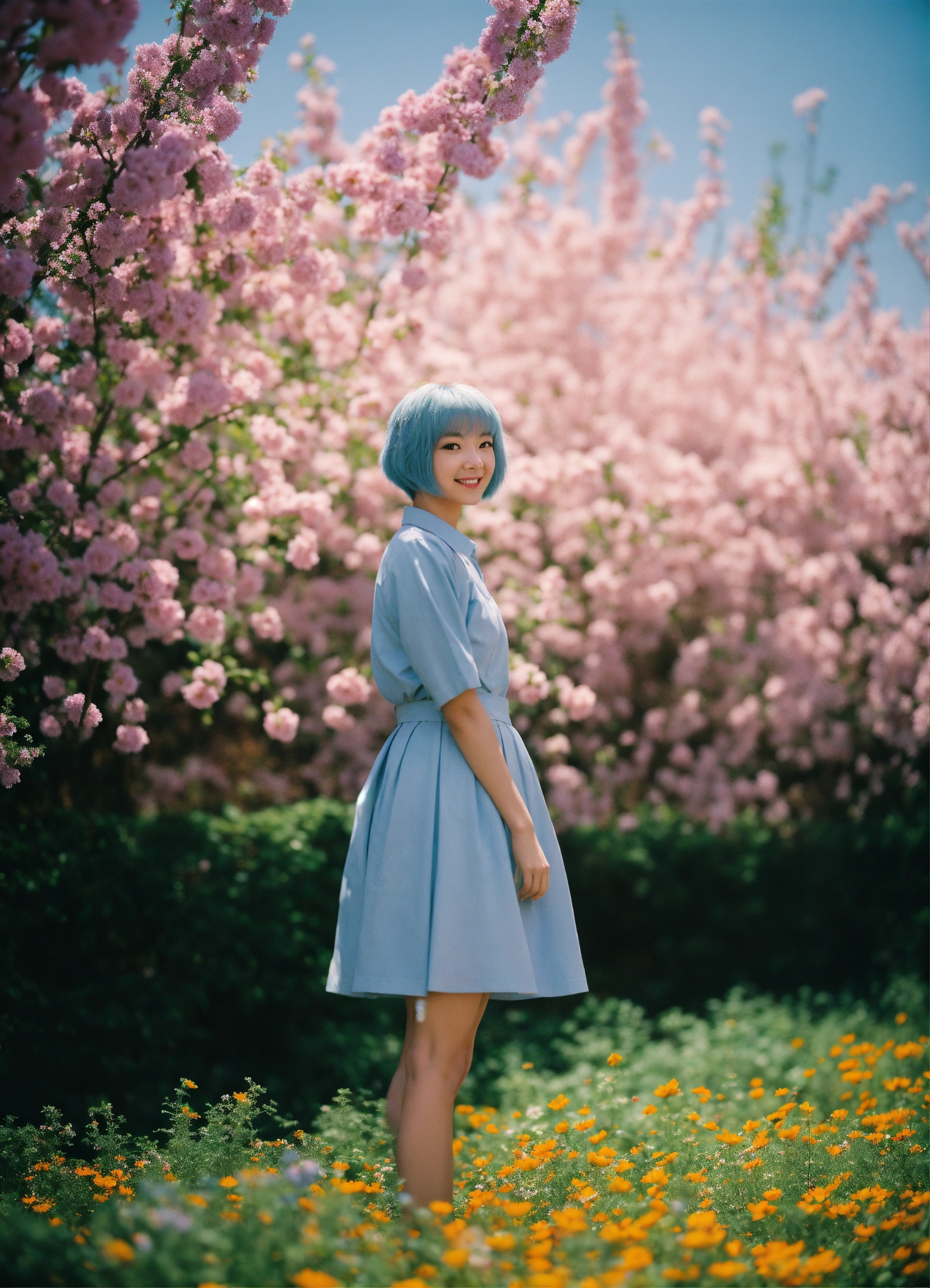 Lexica - Happy Rei Ayanami standing in a beautiful field of