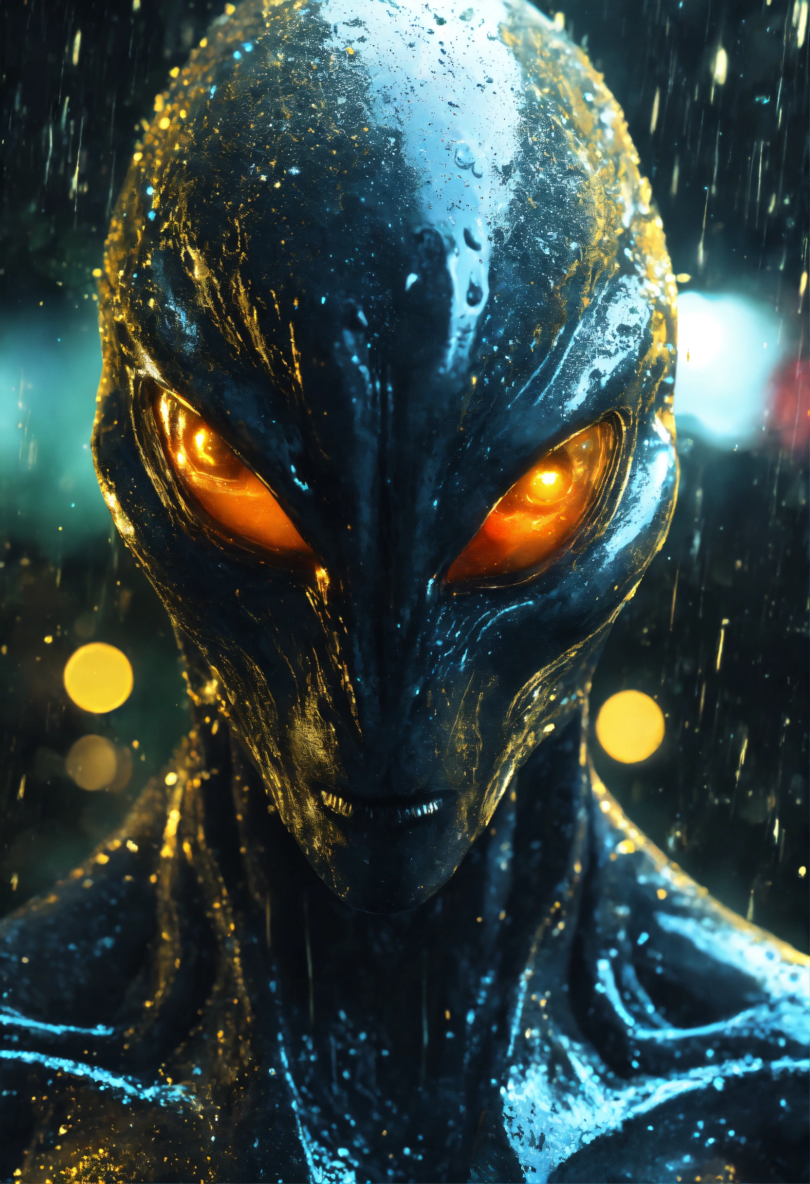 Lexica - An menacing alien with glowing eyes, in the pouring rain, in ...