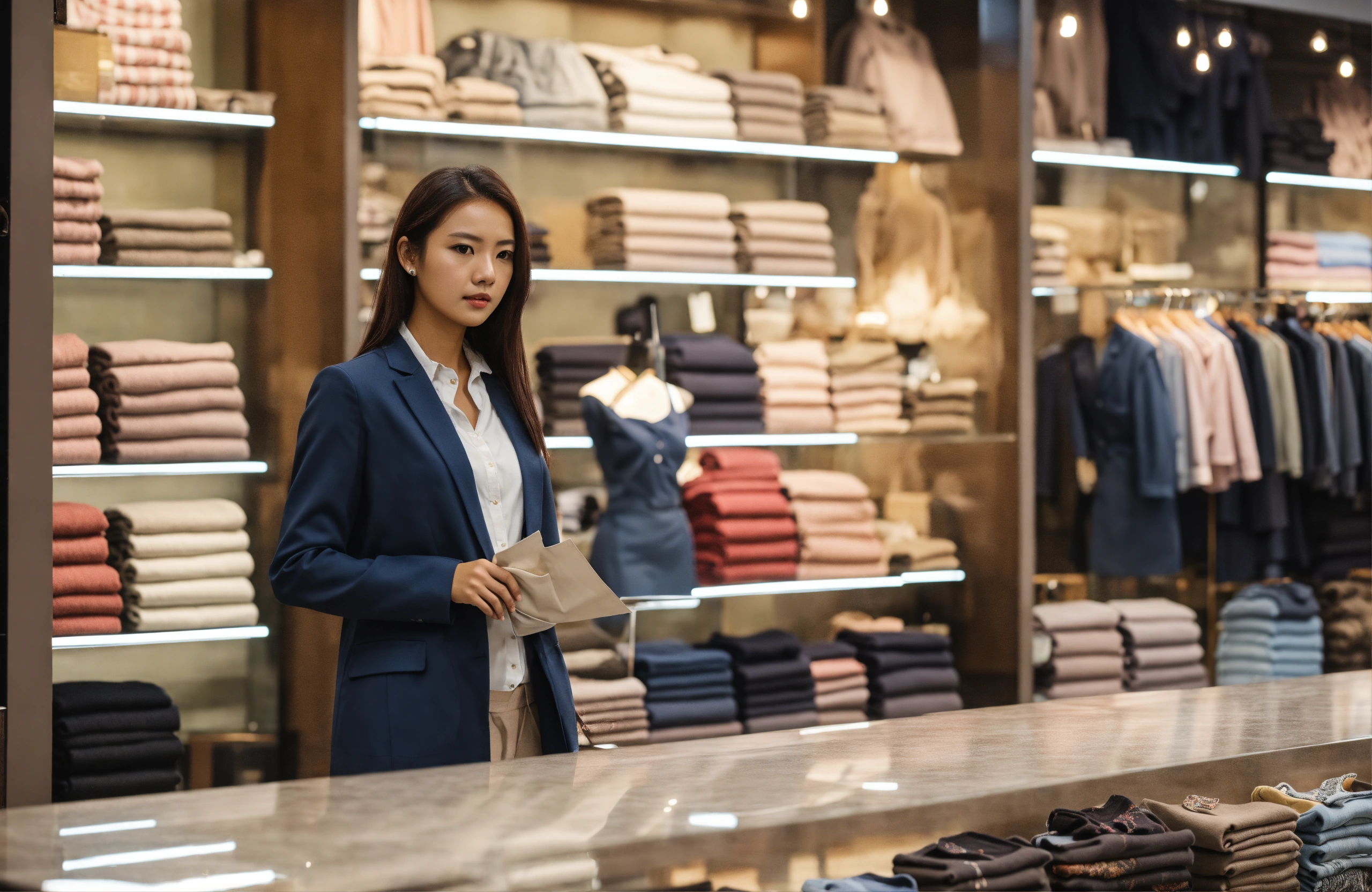 Lexica - Girl manager standing in cloth store front view