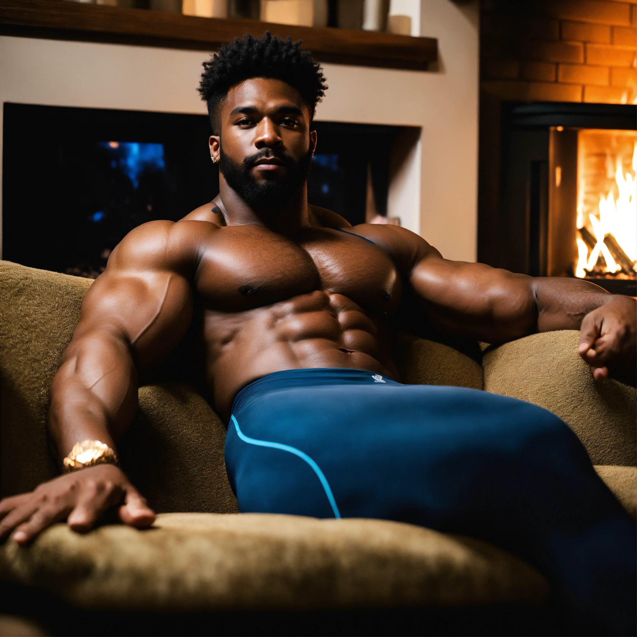 Lexica - 30-year-old hairy black man with big muscles, big bodybuilder,  body like a wrestler, reclined in front of a fireplace in the evening