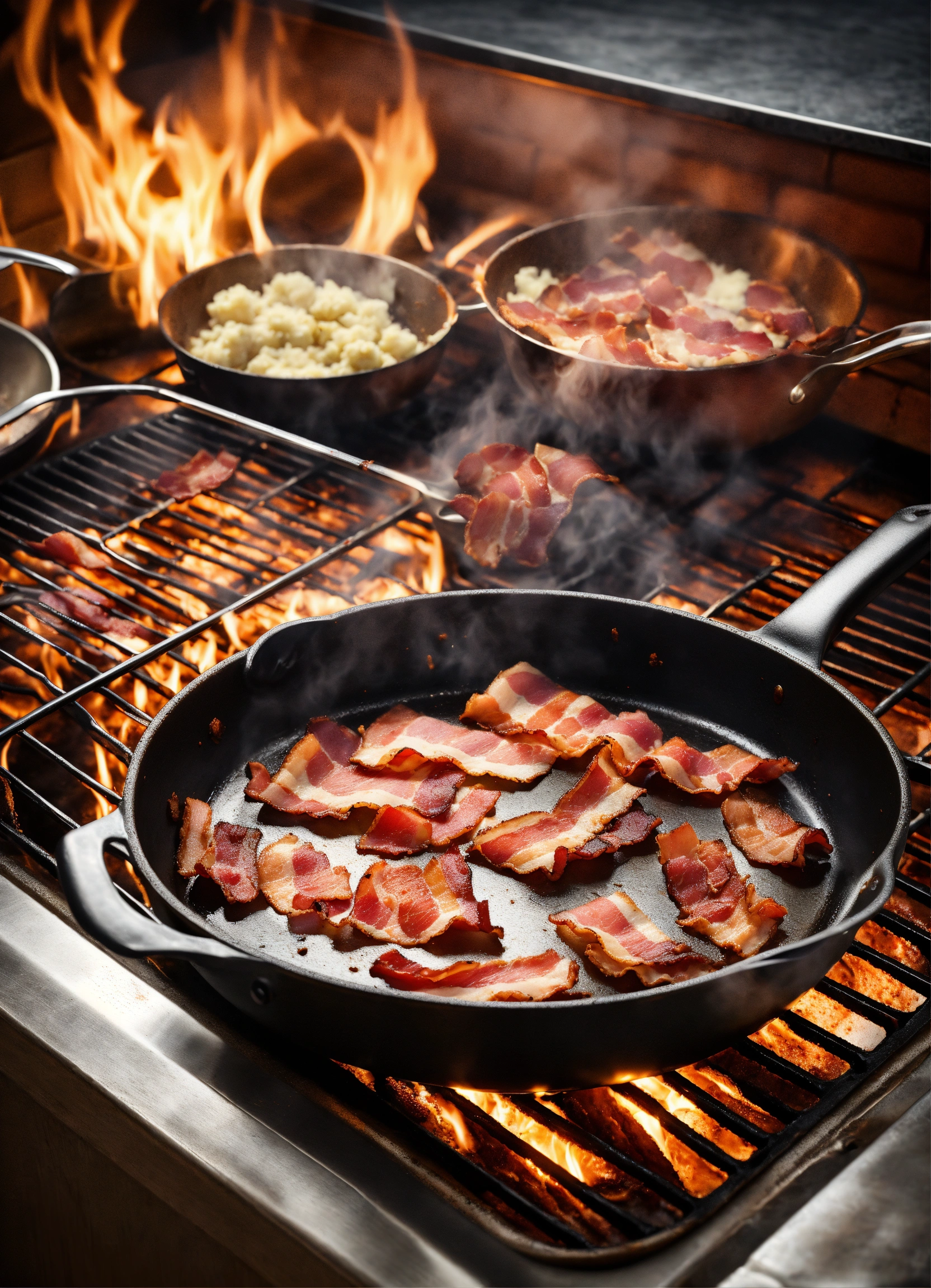 Lexica - A realistic 4HD image showing bacon cooking in a pan. Add some ...