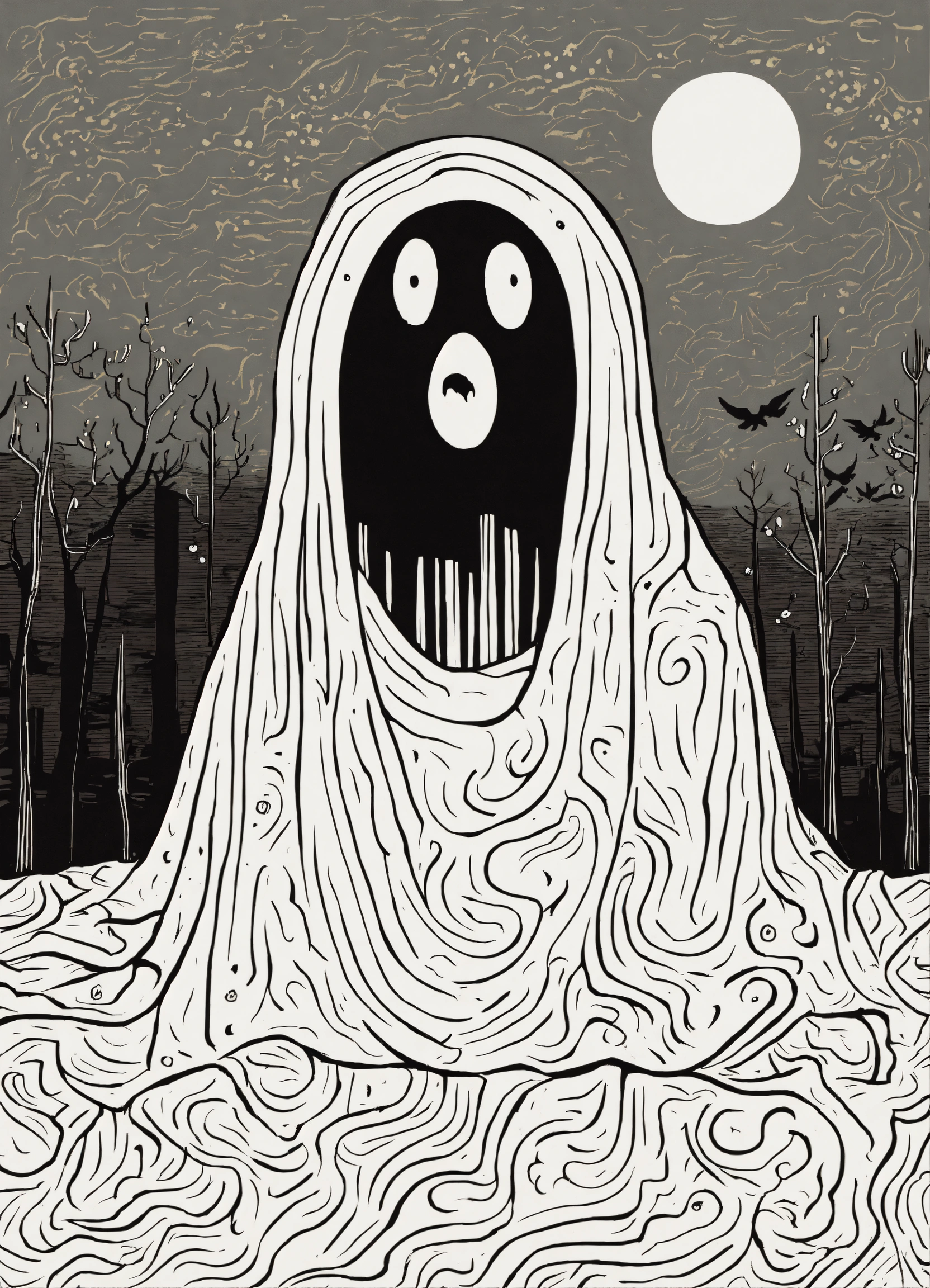 Lexica - Black and white linocut design of a cartoon ghost, white ...