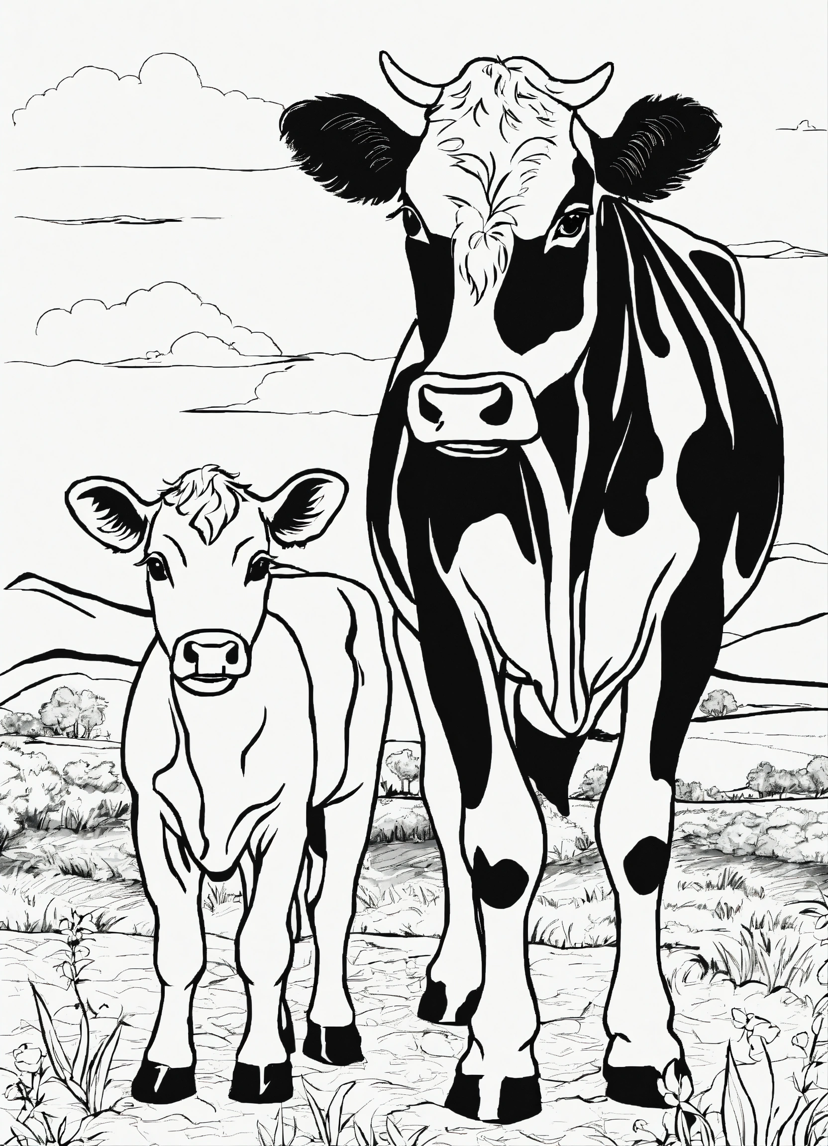Lexica - A cow with a baby cow black and white drawing for a coloring ...