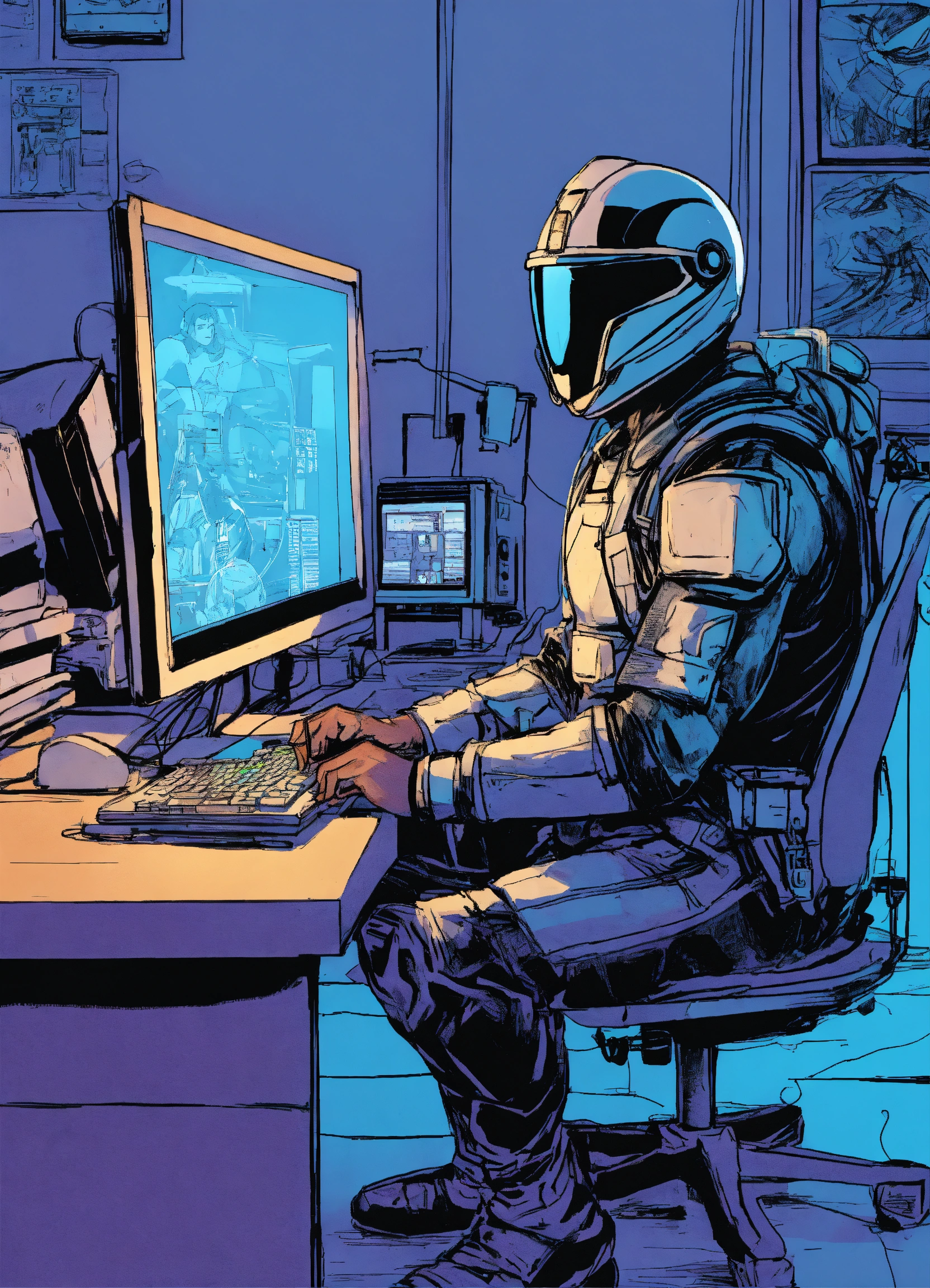 Lexica - A comic drawing Man sitting in front of a computer with a ...