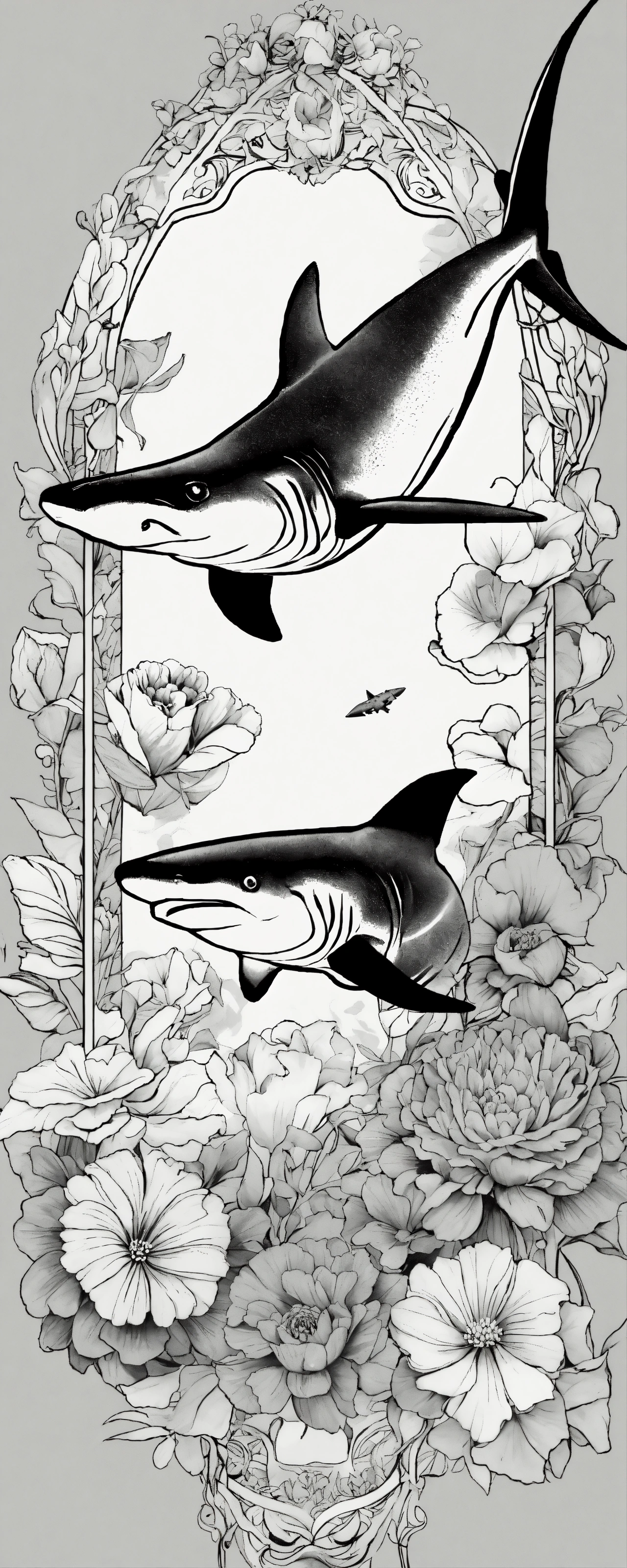 Lexica - Hammerhead sharks over flowers, tattoo style, black and white