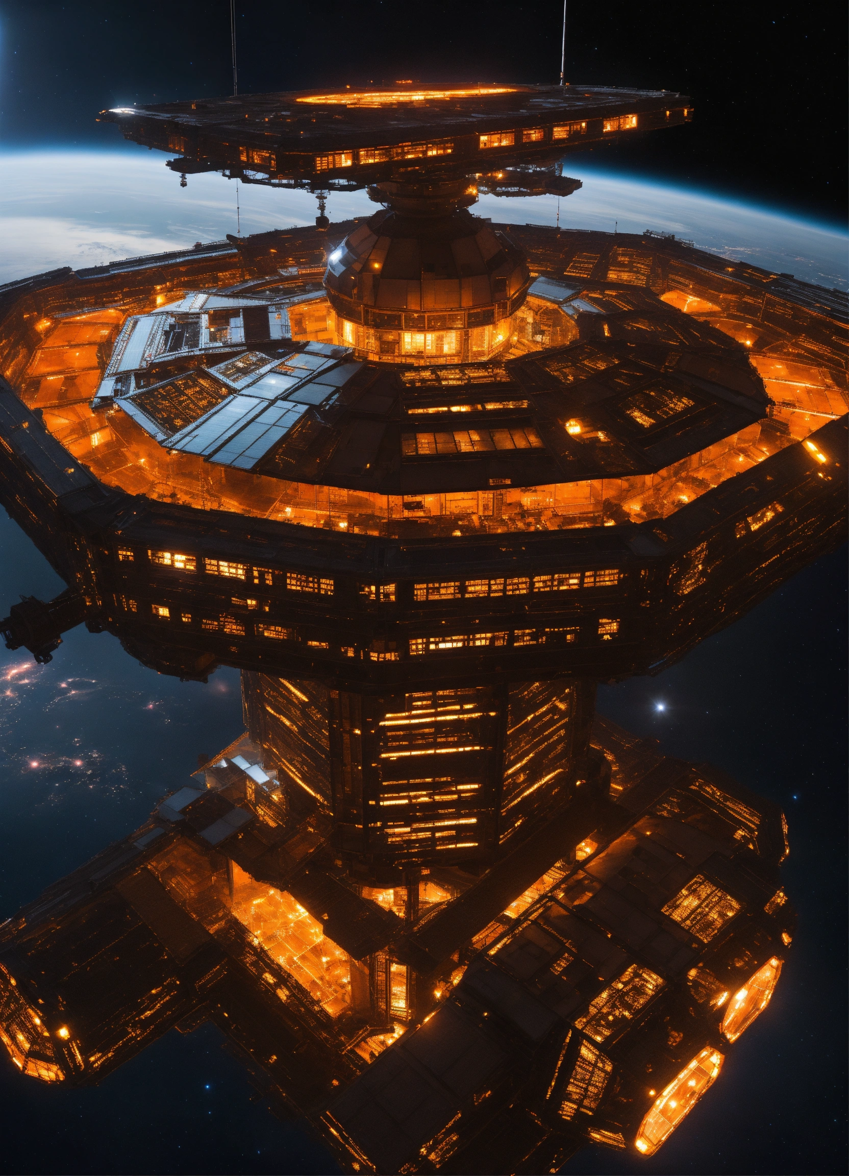 Lexica - Entire giant orange space station in dark space from top with ...