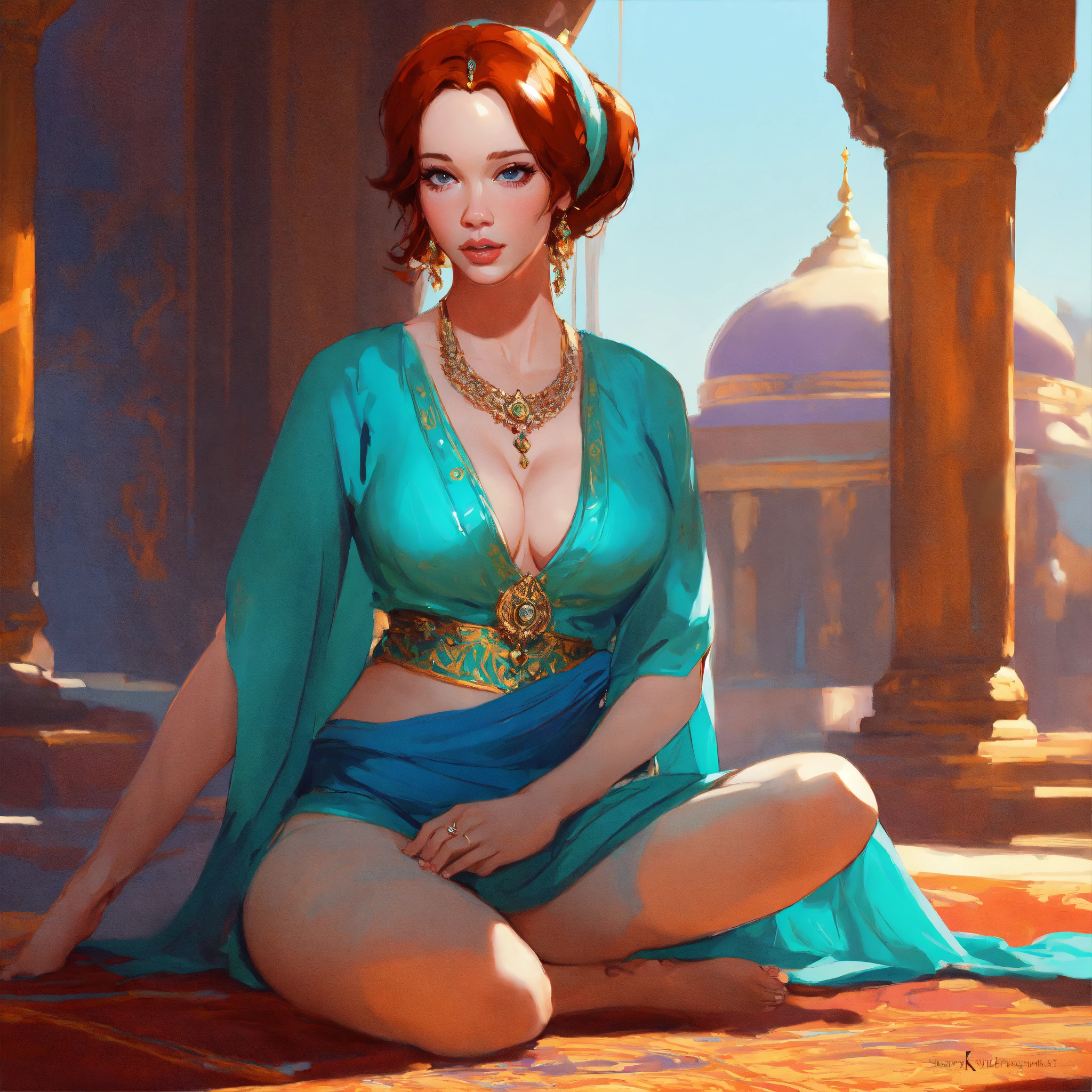 Lexica - Christina Hendricks as Princess Jasmine, full body, barefoot, bare  feet, cute fine face, rounded eyes, far minimalist perspective, digital p...