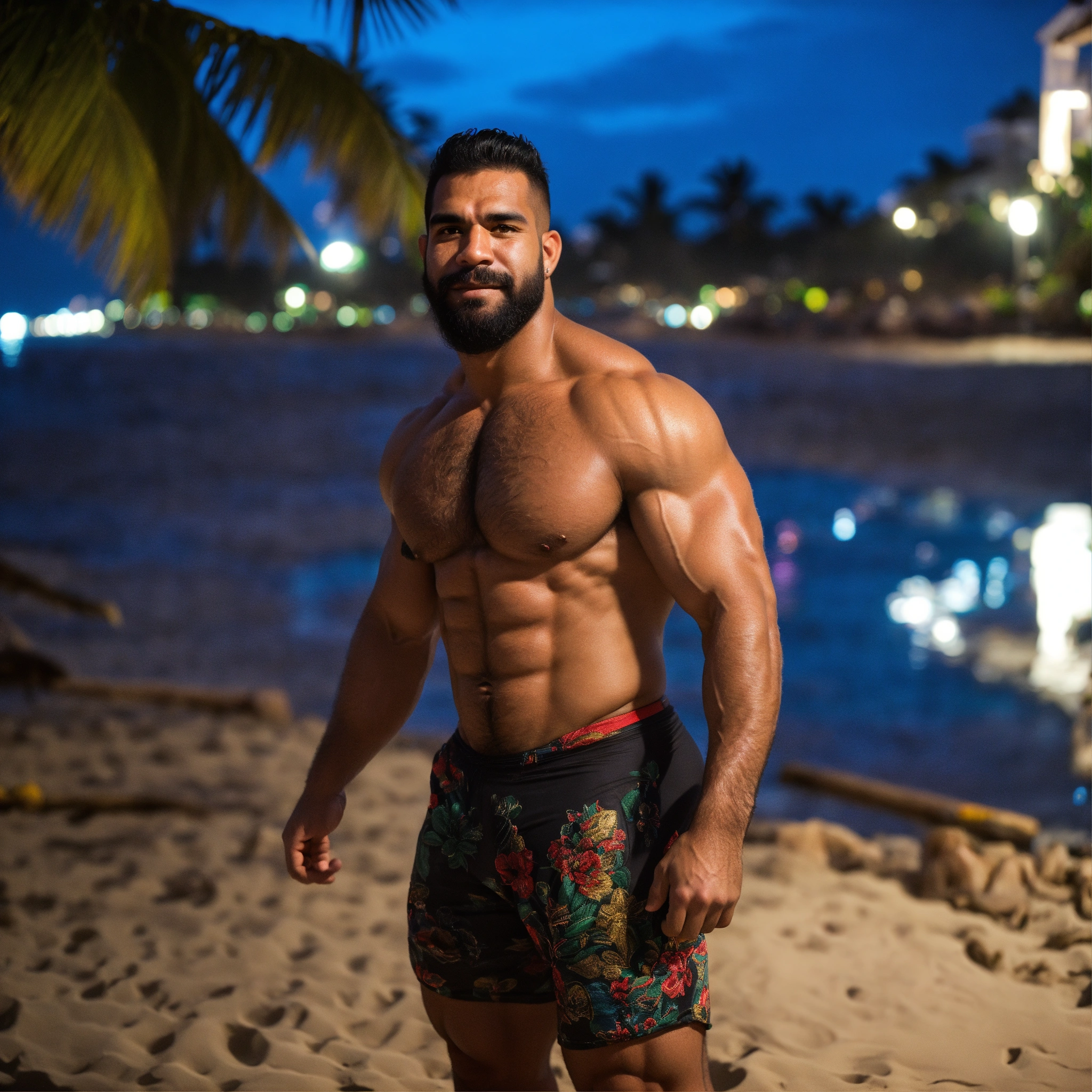 Lexica - 30-year-old hairy Cuban man with big muscles, big bodybuilder,  body like a wrestler, at a party on the beach at night