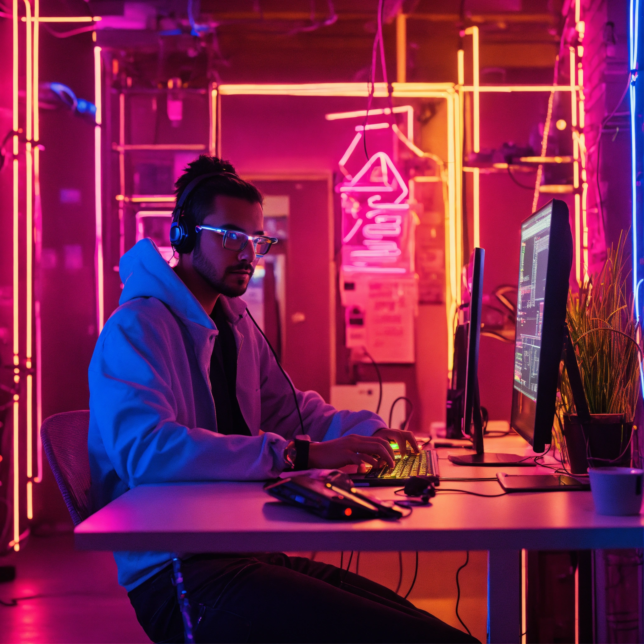 Lexica - A team web developer in an environment with neon lights