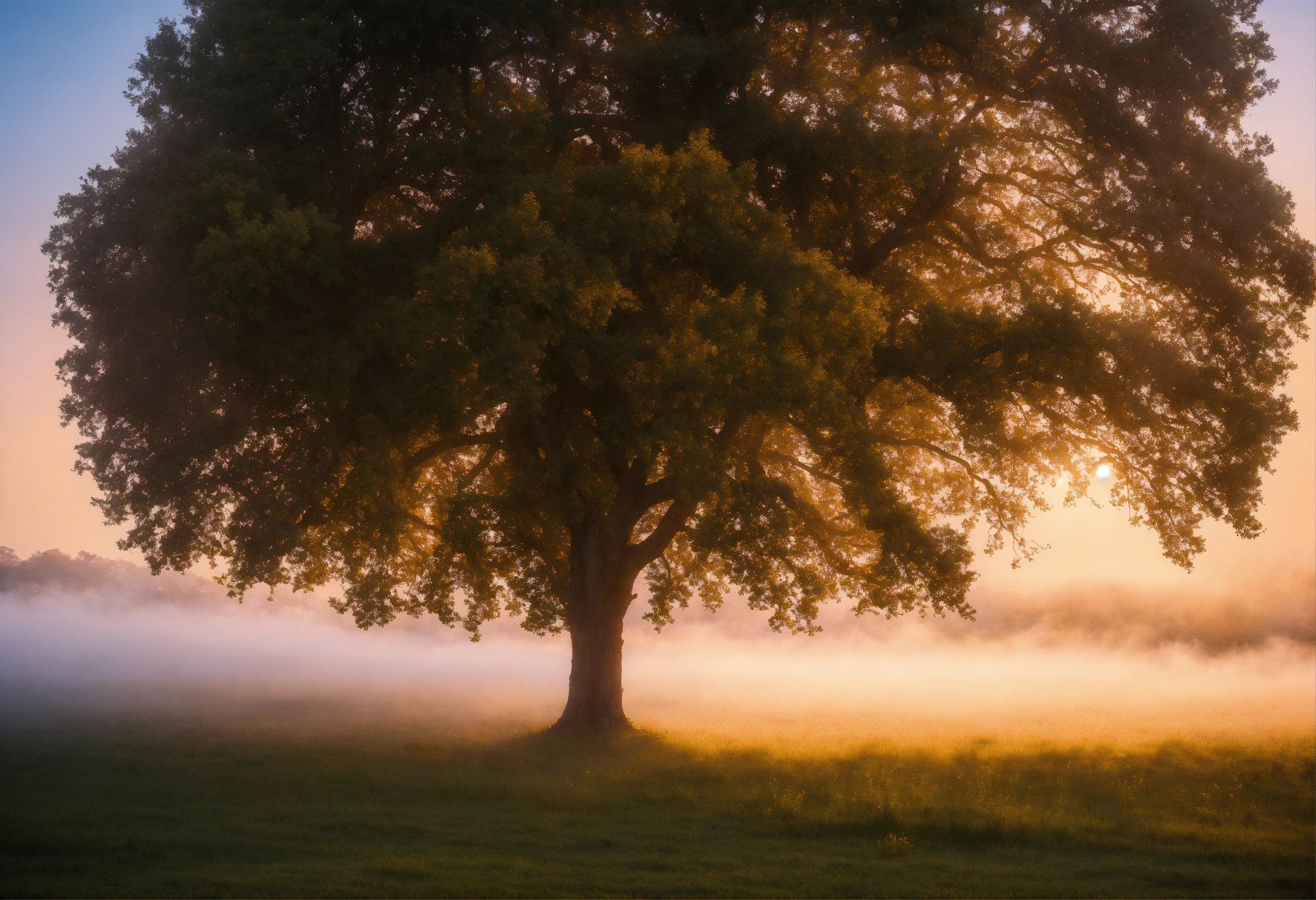 Lexica - A single tree in a meadow covered with morning fog, Glamor ...