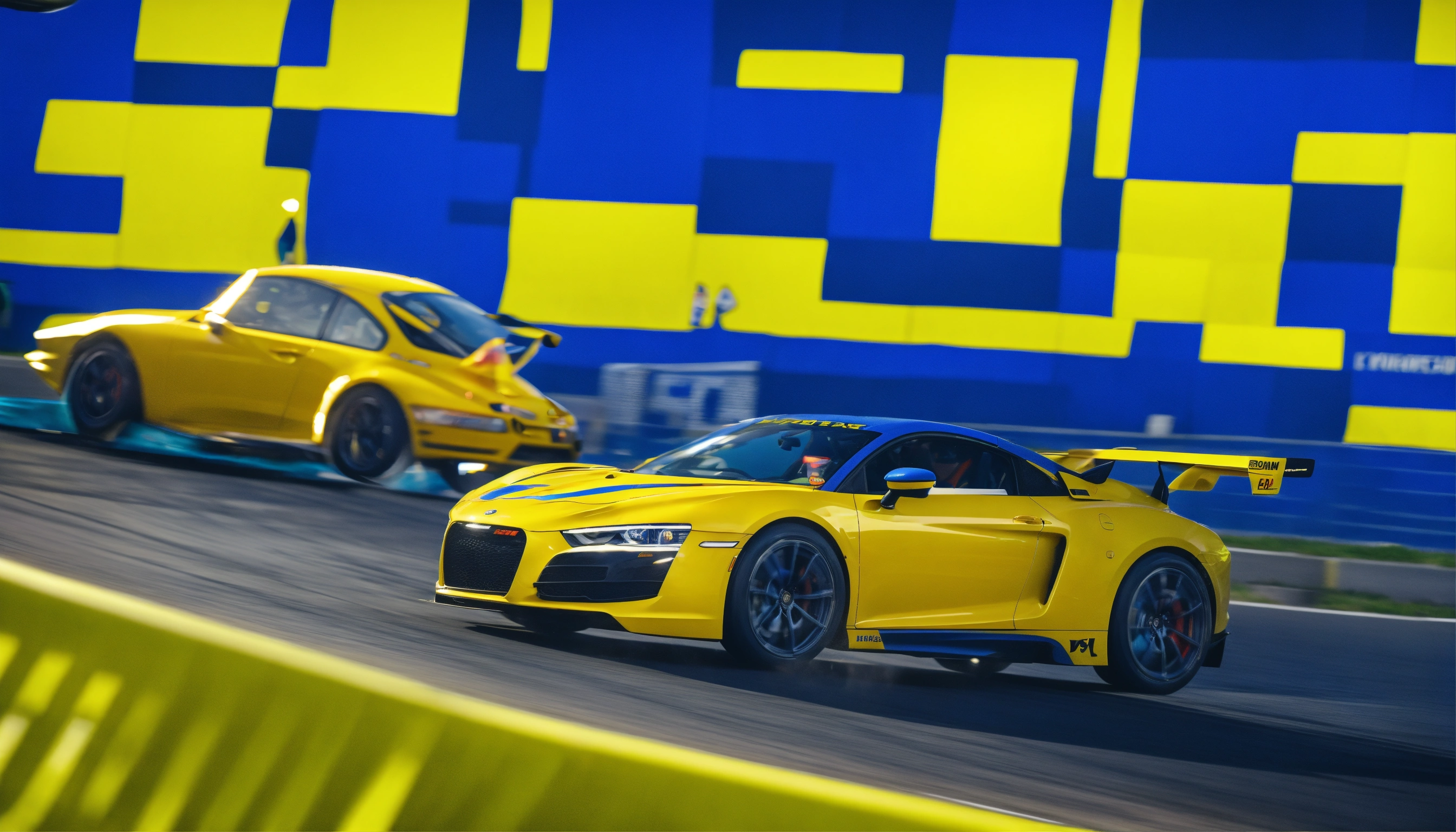 Lexica - A yellow car overtakes a blue car on a race. Yellow car win ...