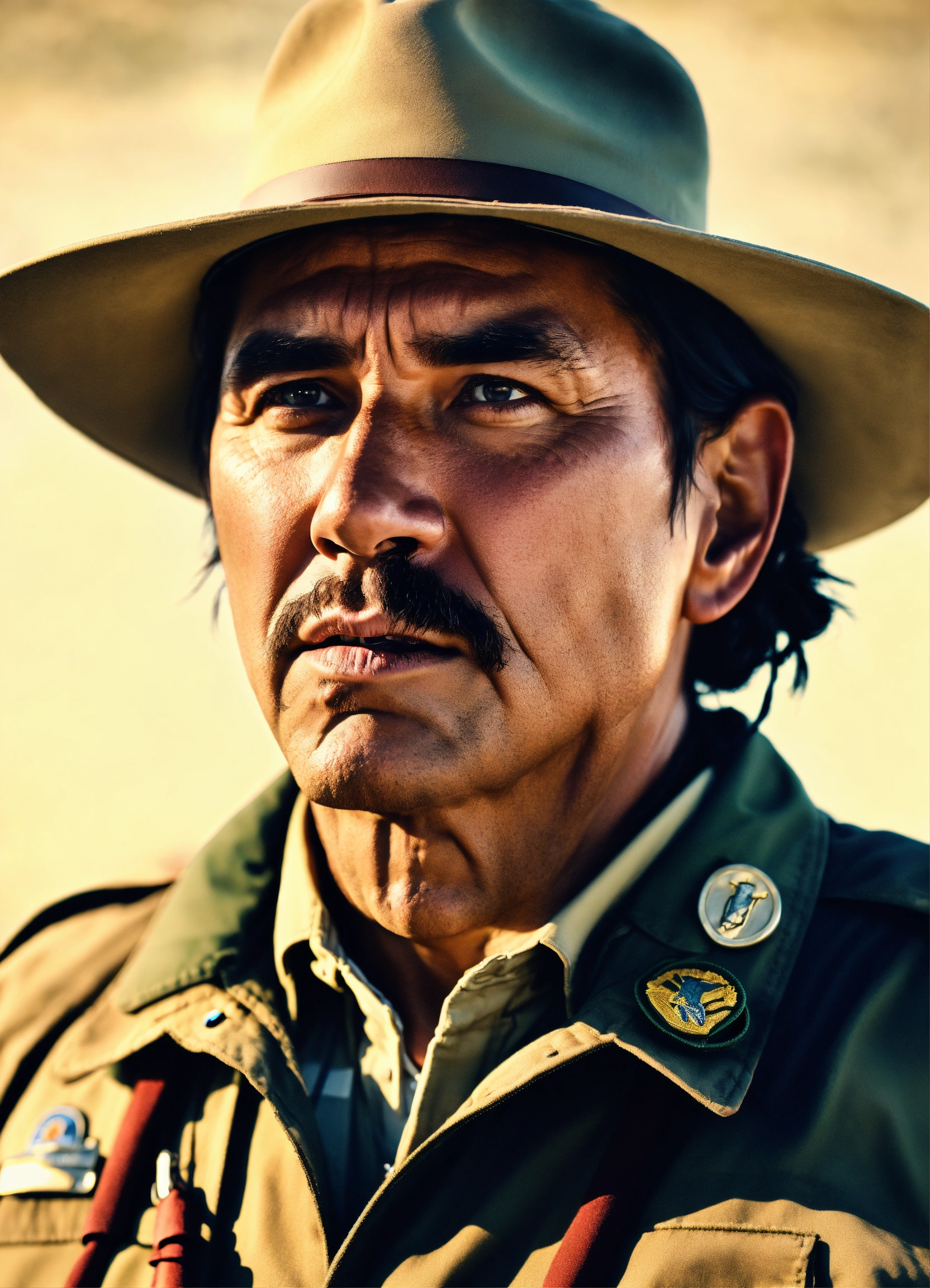 Lexica - Portrait of an native american park ranger man scared ...