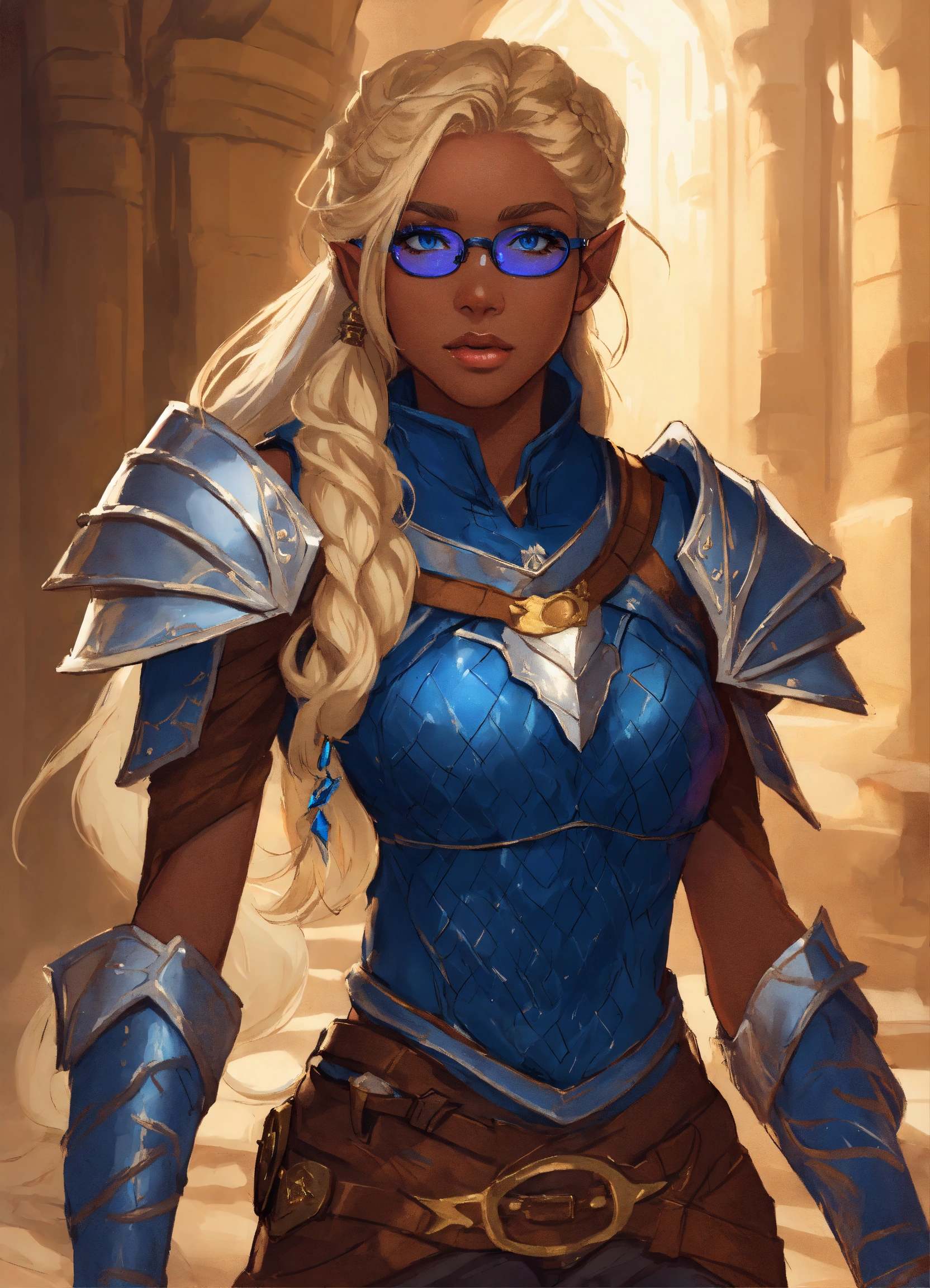 Lexica - A very brown skinned half elf woman, wearing glasses with deep ...
