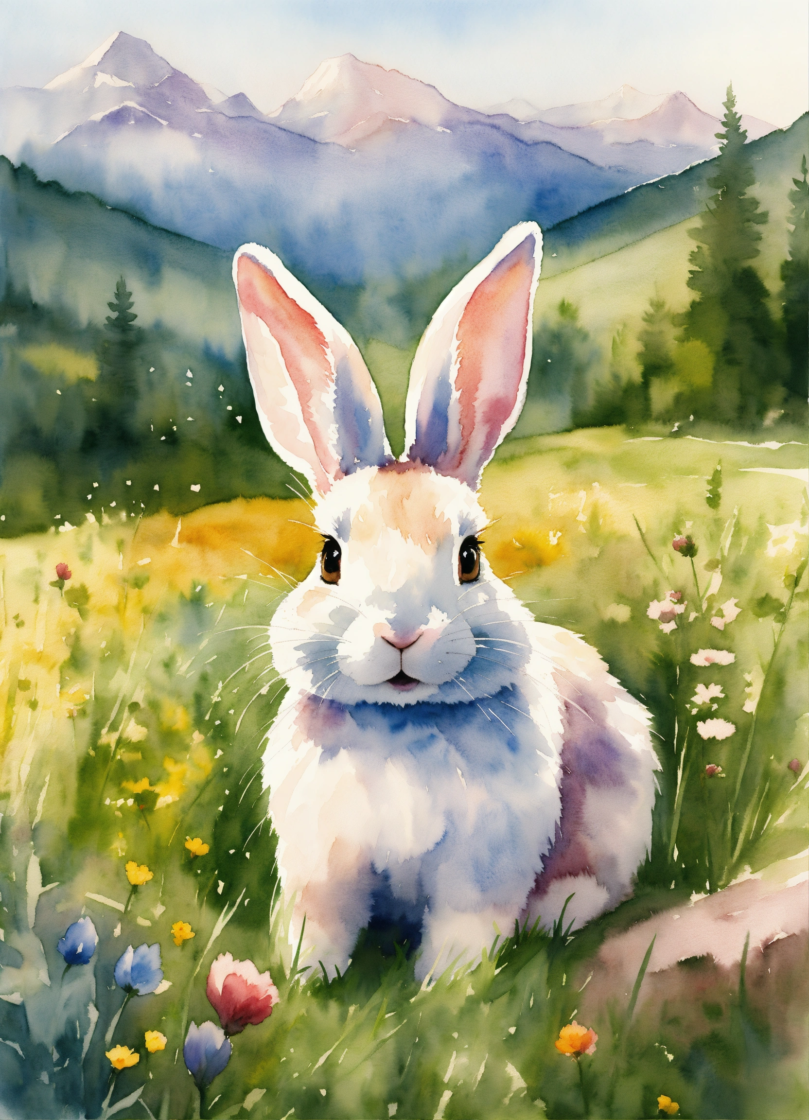 Lexica - A cute happy rabbit in meadow ,mountain around, watercolor style