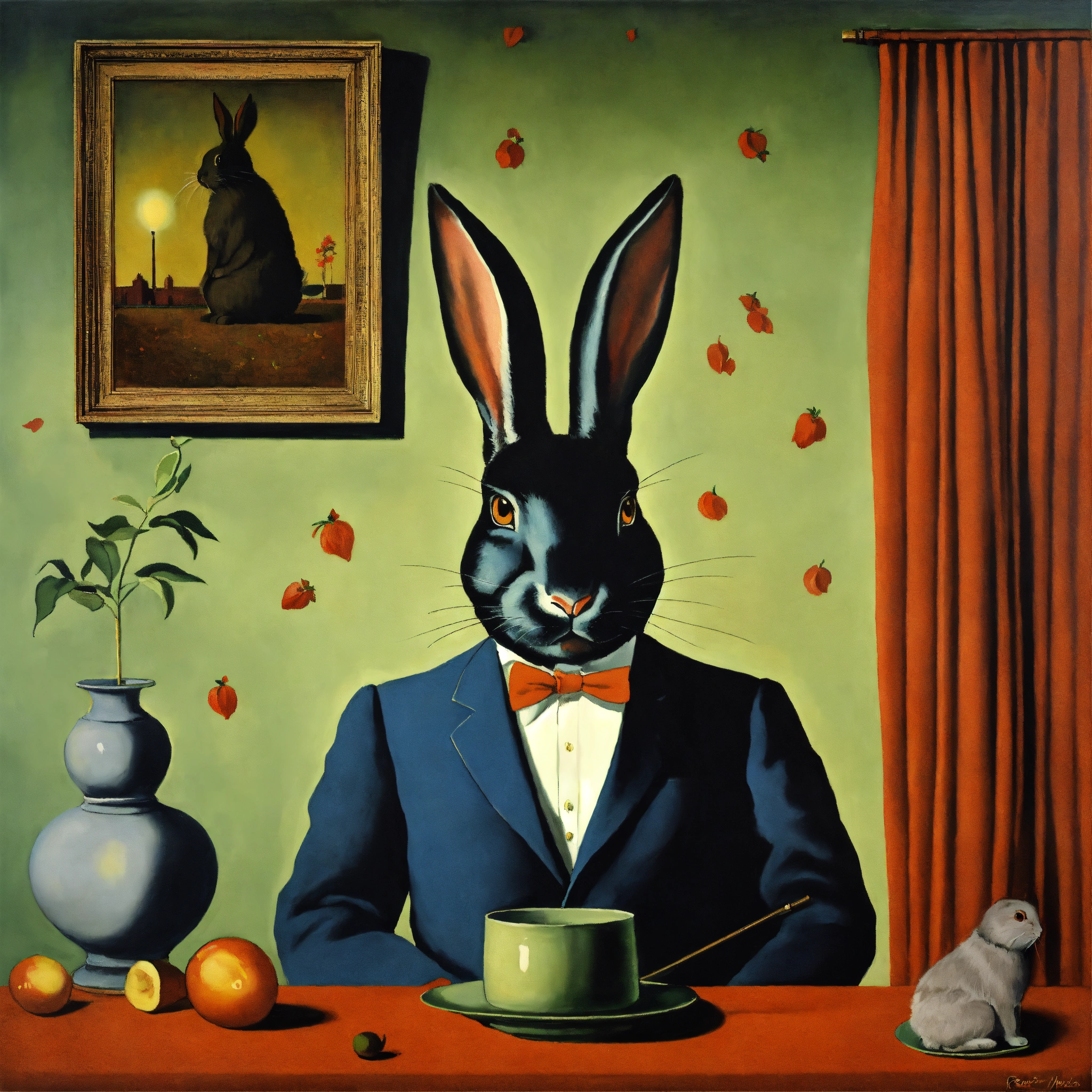 Lexica - Magician, painted by Rene Magritte with big magic rabbit