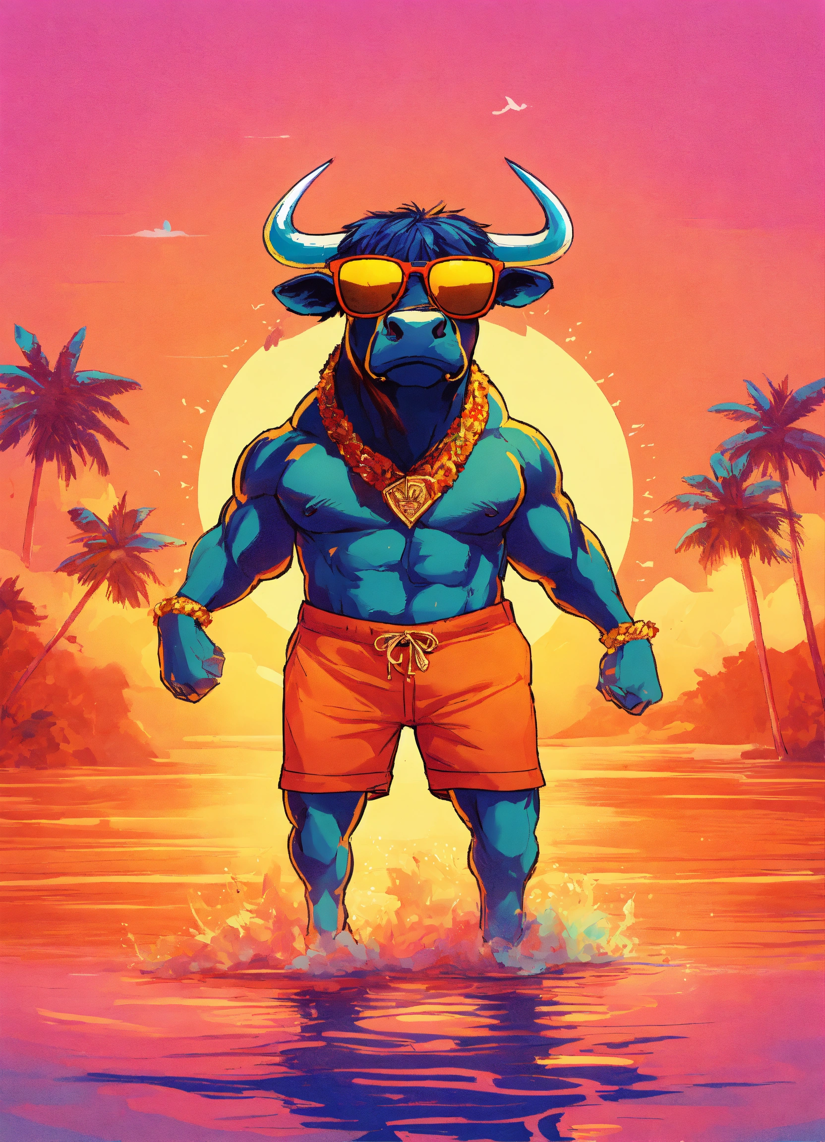 Lexica - A riped bull that flexes his arms up and wearing sunglasess ...