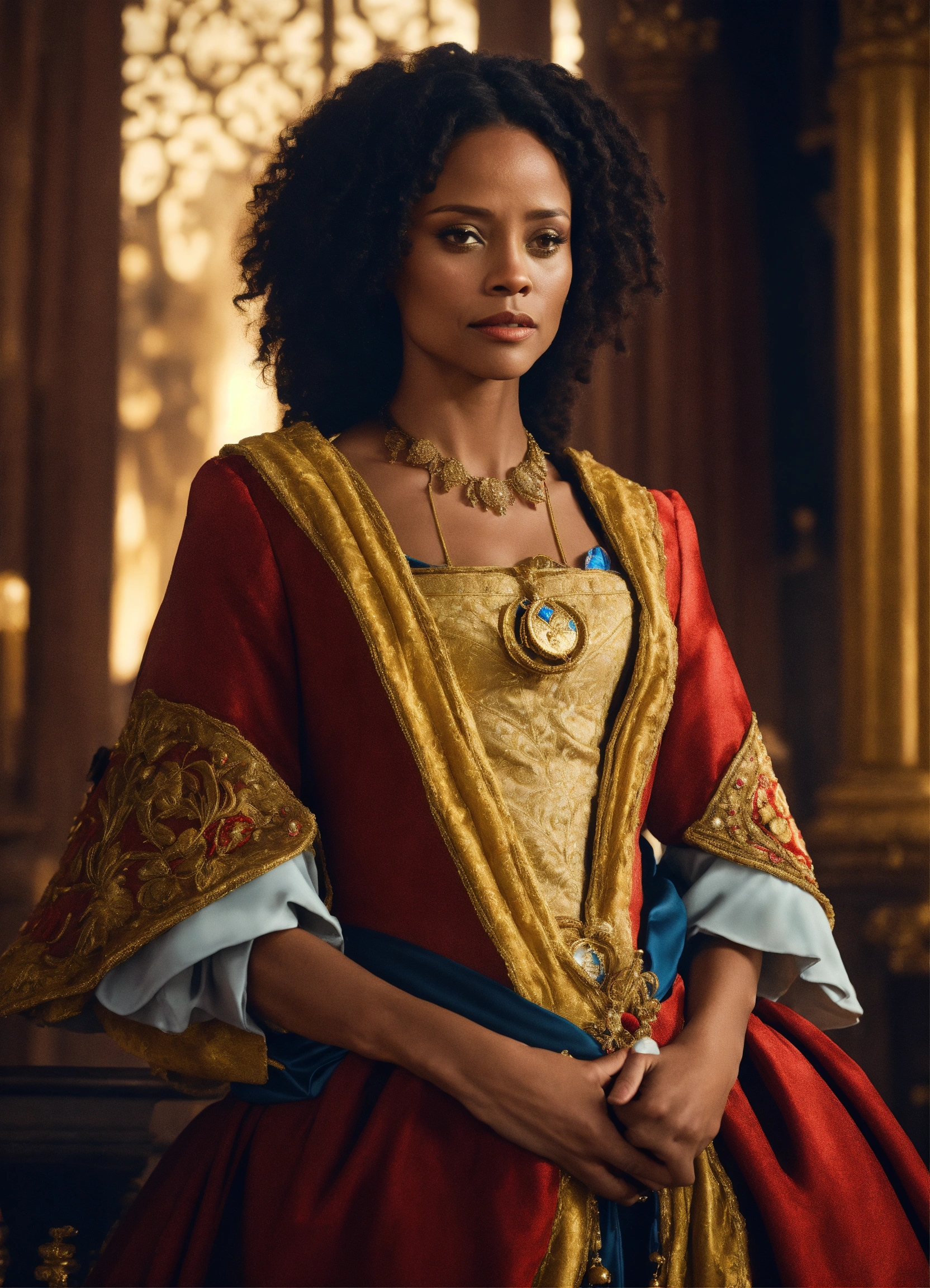 Lexica Kidada jones as Calpurnia dressed in royal attire high