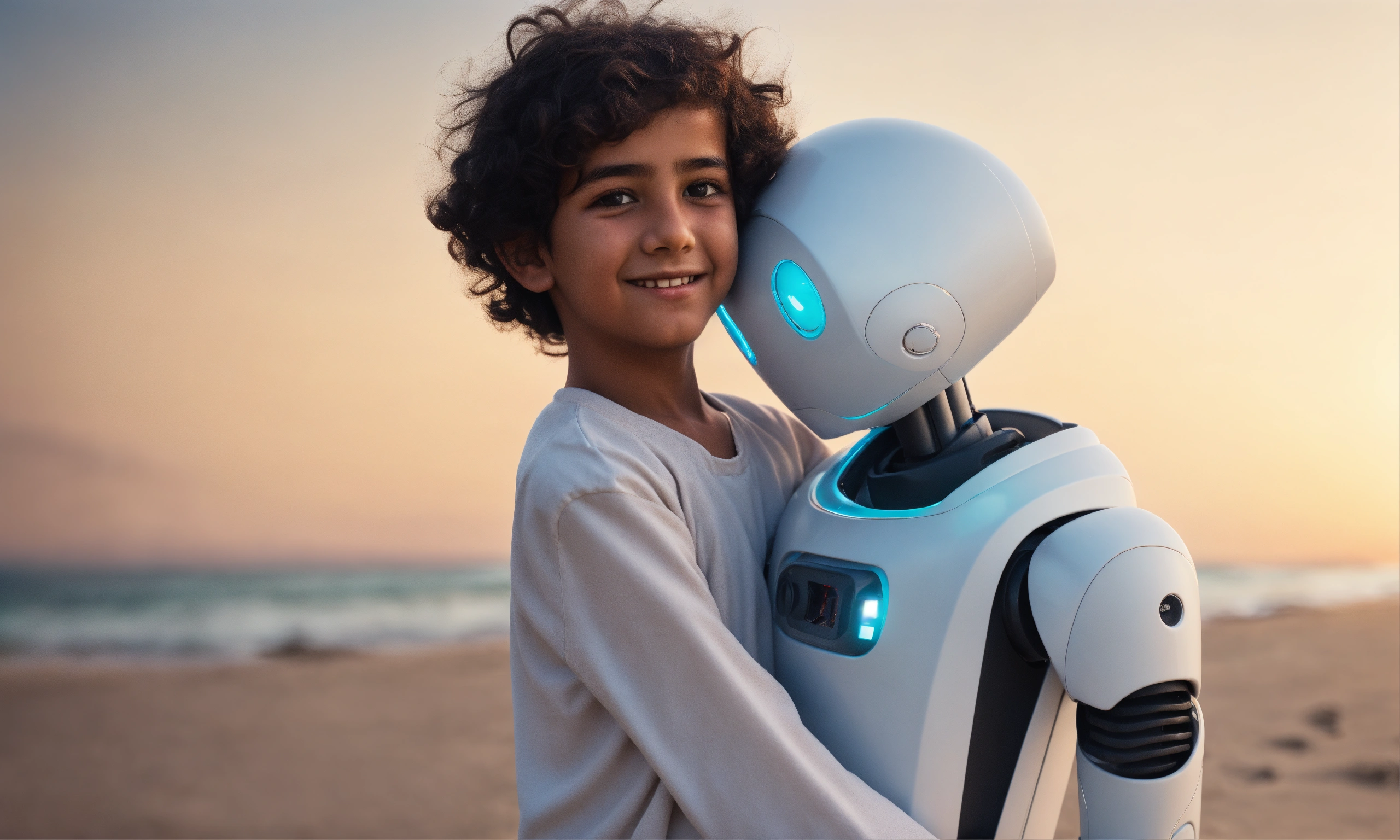 Lexica - Close up of a Saudi kid hugging his robot friend, white ...
