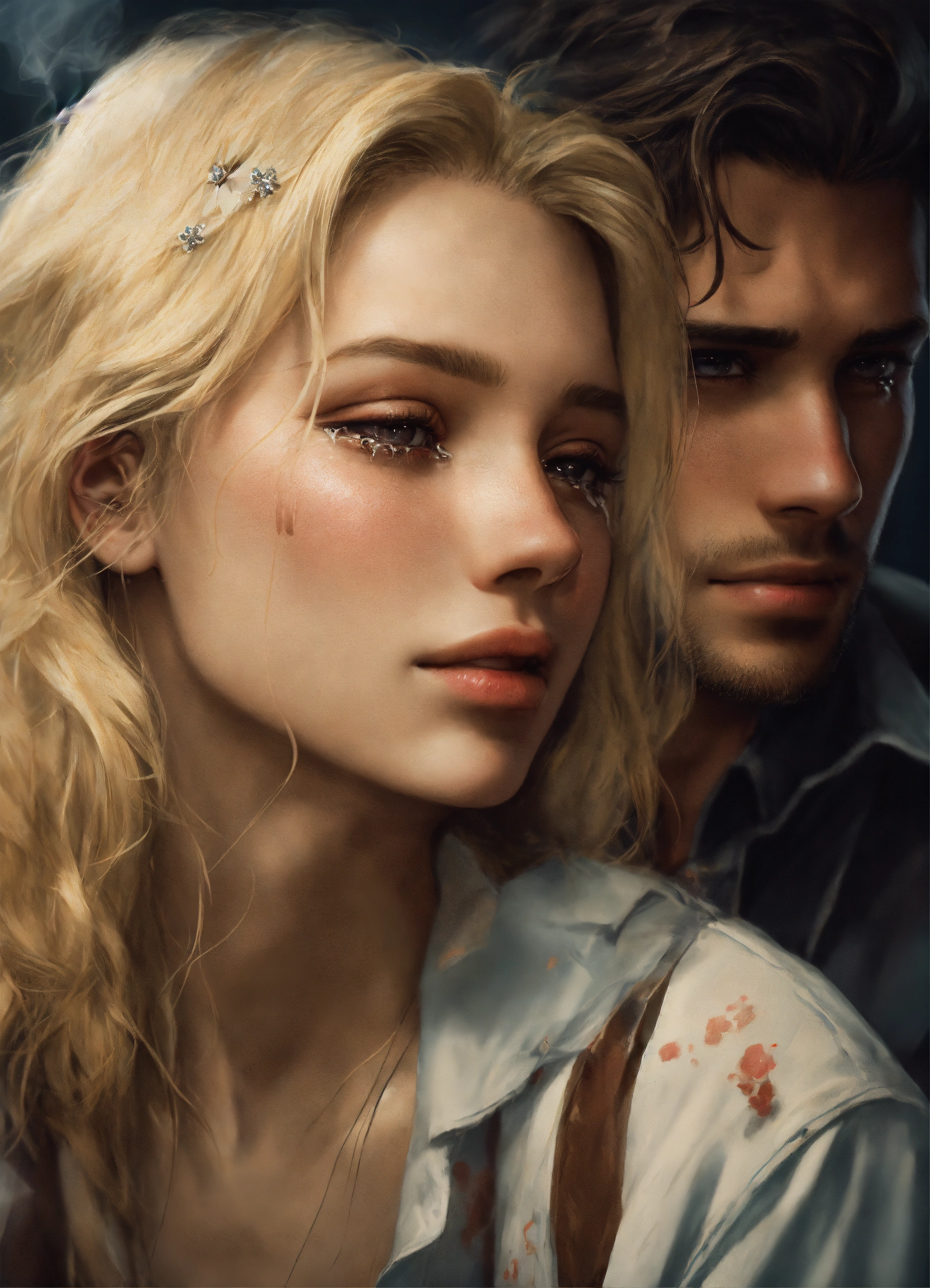 Lexica - A tear-stained young blonde girl with despair, next to her a ...