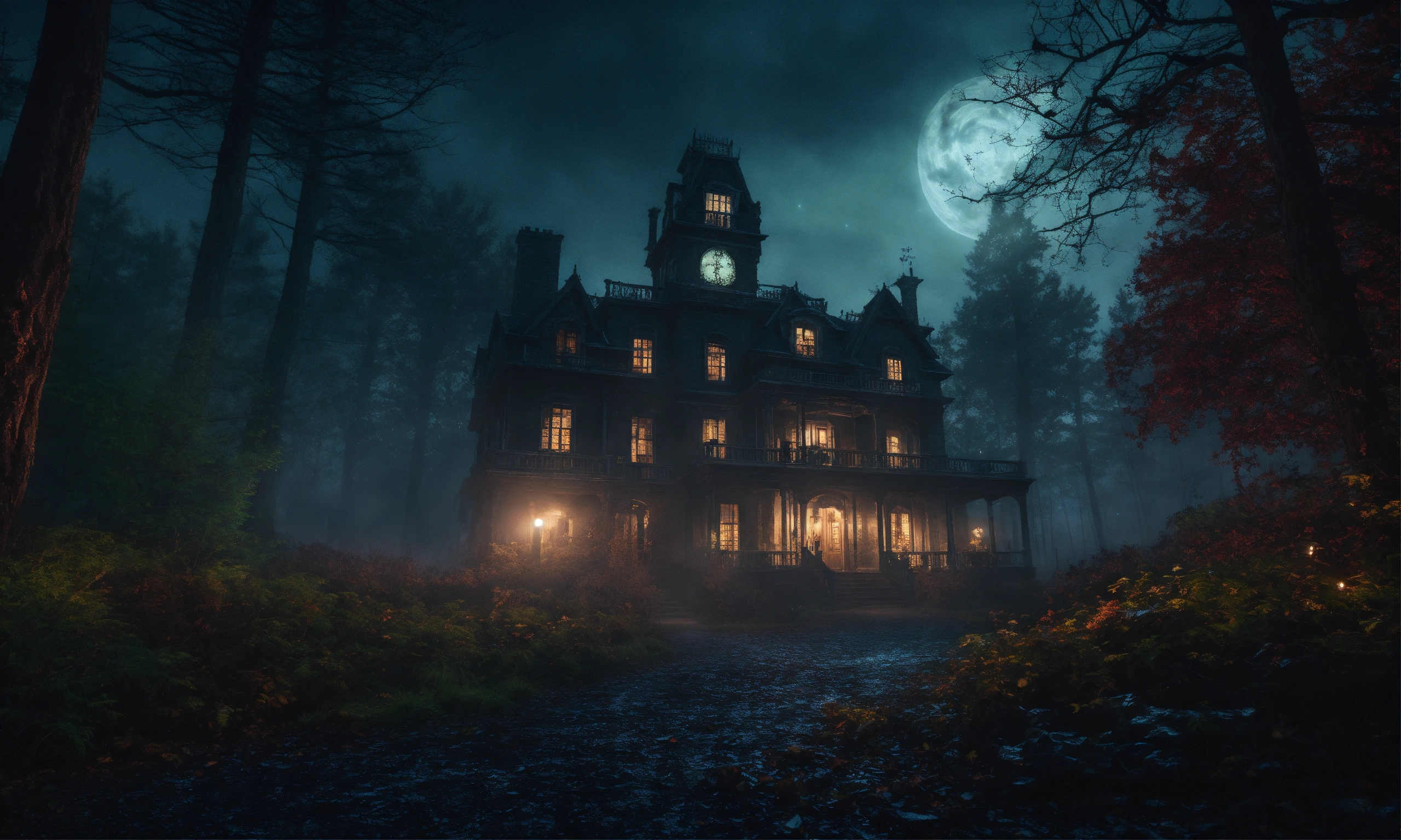 Lexica - Image of a sinister haunted forest at night with a haunted ...