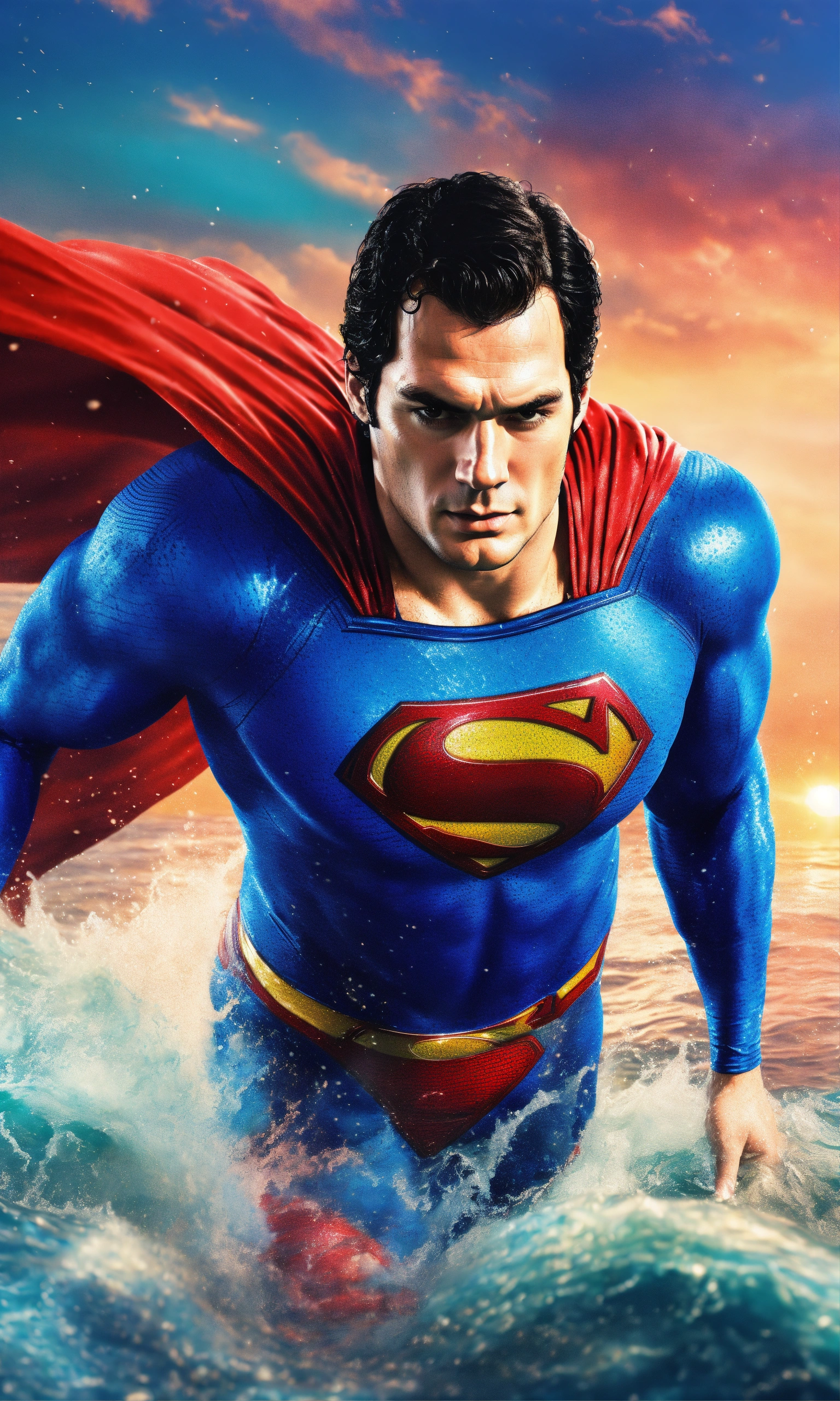 Lexica - Henry Cavill Superman swimming on the sea, colorful background ...