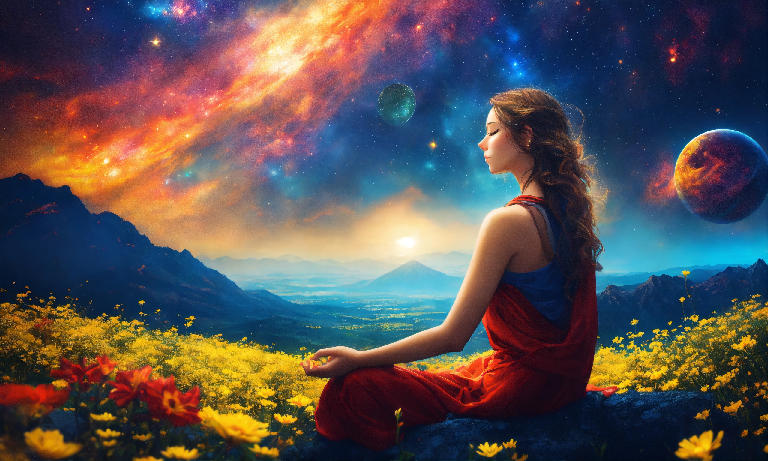 Lexica - Beautiful woman in Meditation posture, mountain, a vast field ...