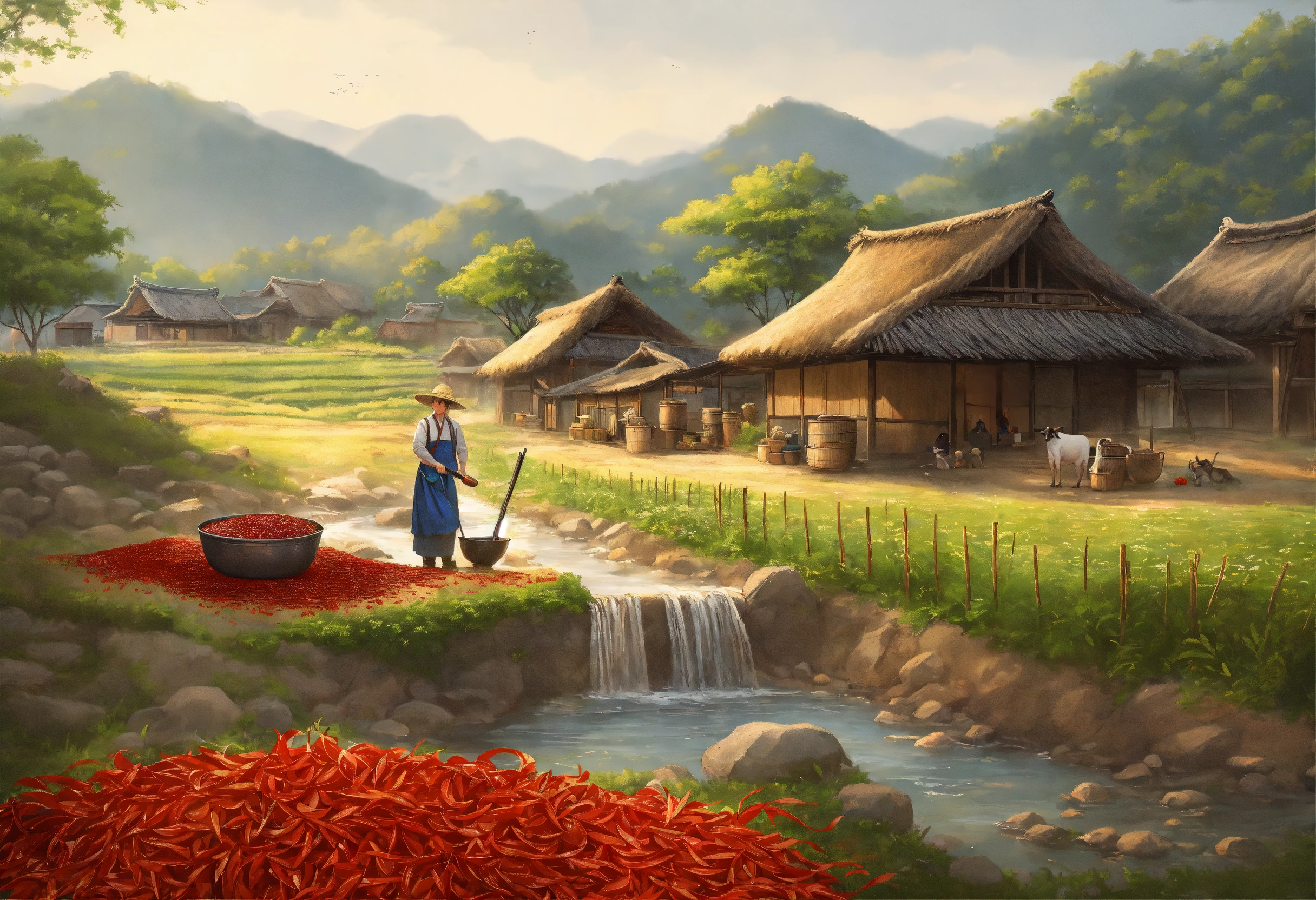 Lexica - A rural landscape in Korea, with thatched huts, a stream, a ...