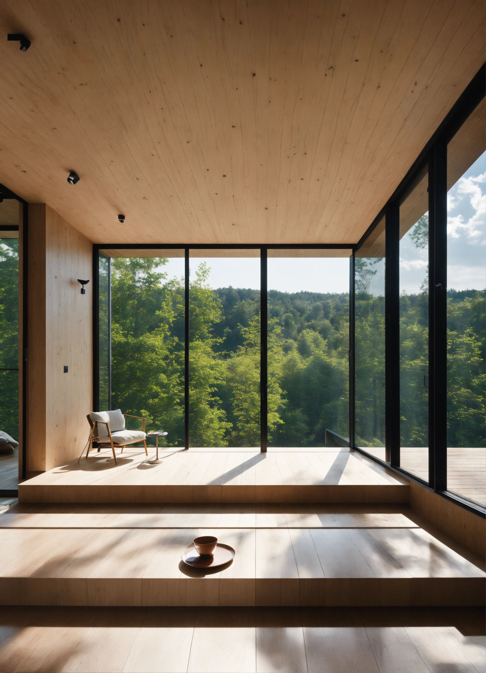 Lexica - Cottage with panoramic windows interior in minimalist style.
