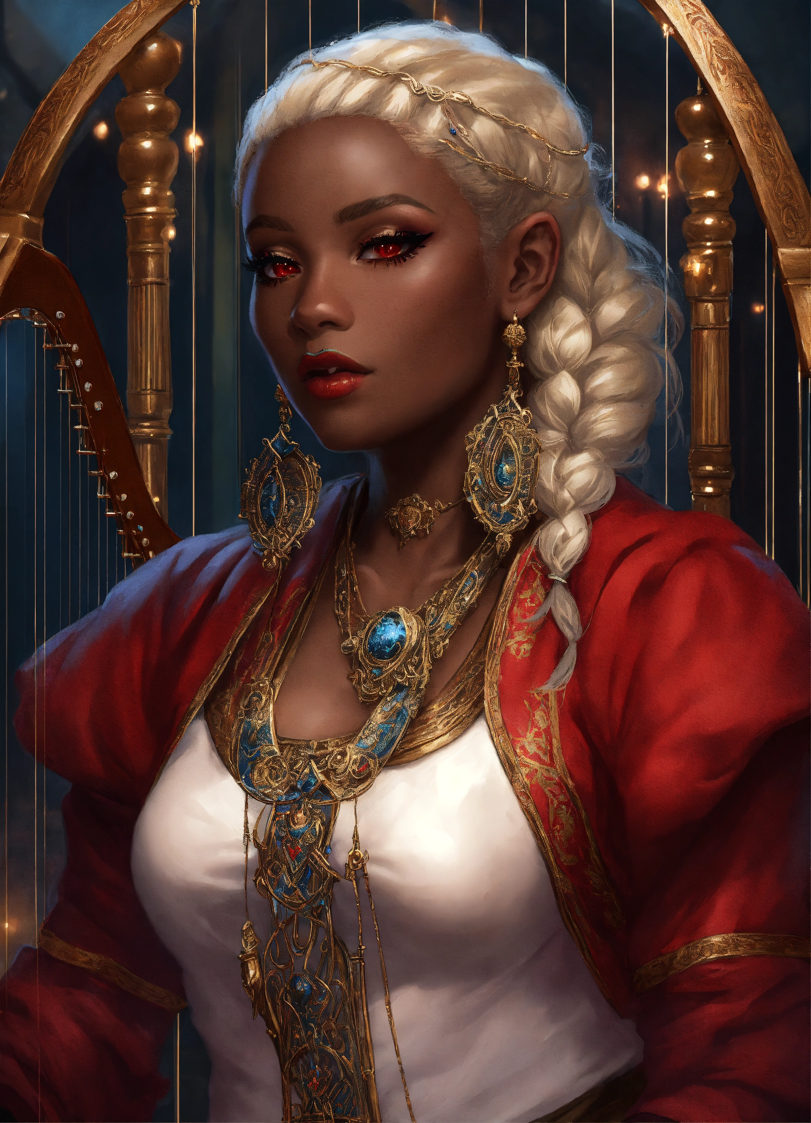 Lexica - Portrait of a dwarf bard, dark skin, braided platinum blonde ...