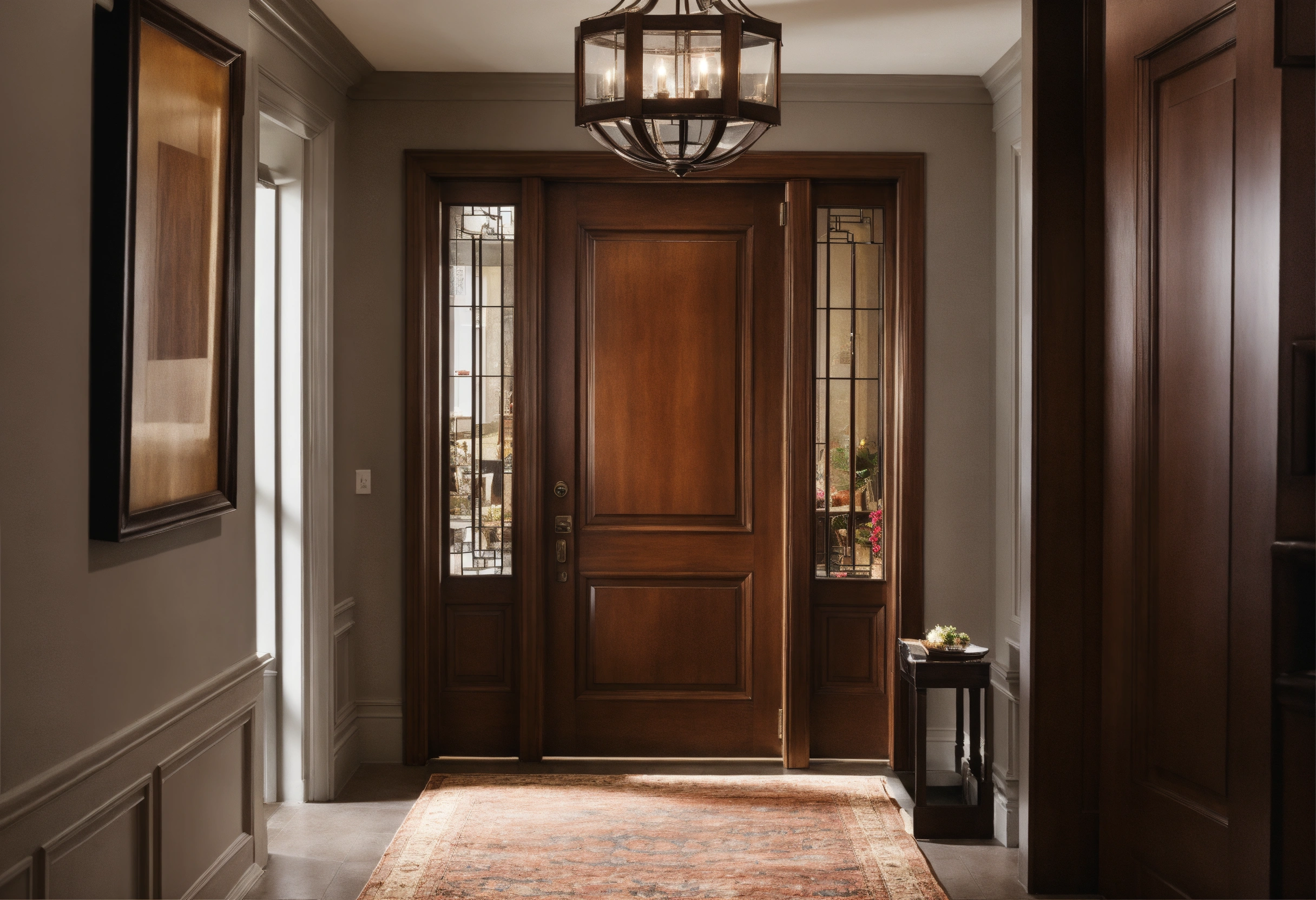Lexica - Entrance brown door, gray walls, brown background close up ...