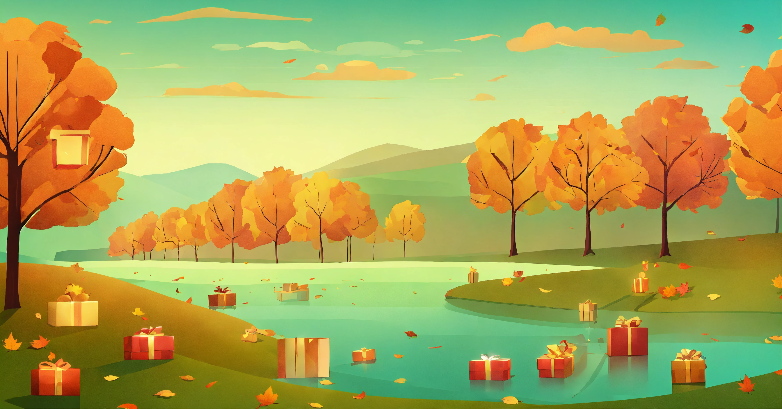 Lexica - Fall scene with a few floating gift boxes. simple flat ...