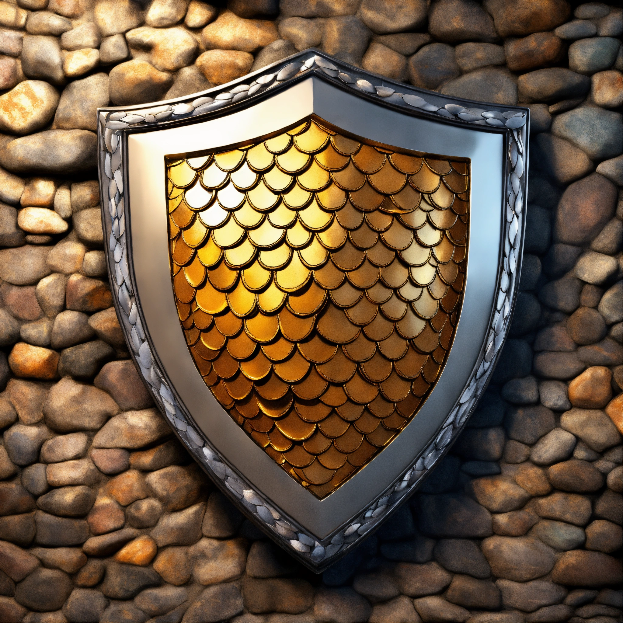 Lexica - Concept art of a shield made out of metal fish scales, hanged ...