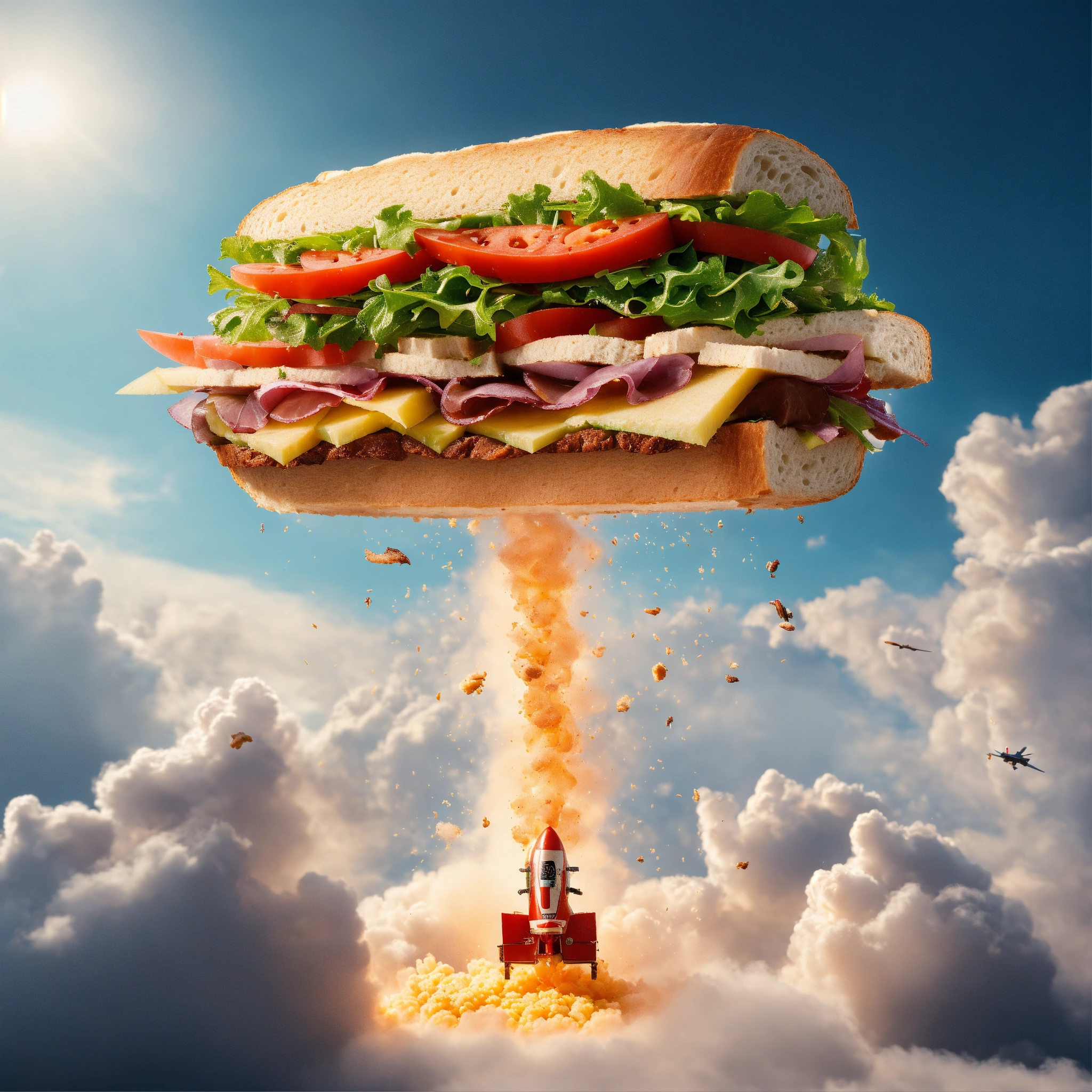 Lexica - Very tall sandwich taking off like a rocket, rocket explosion ...