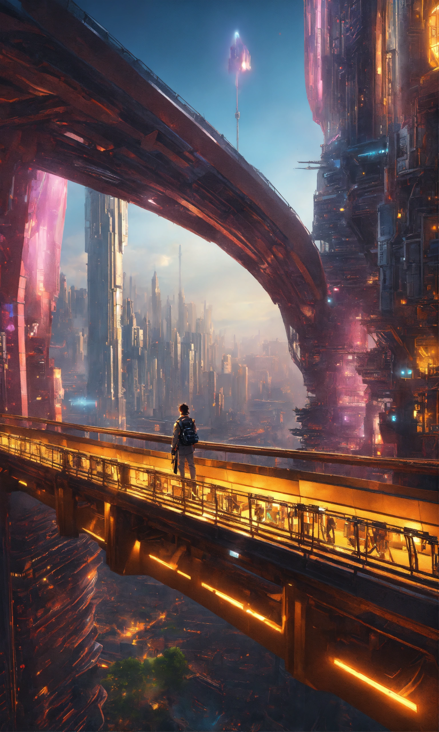 Lexica - A person on top of a bridge, inside a futuristic city that it ...