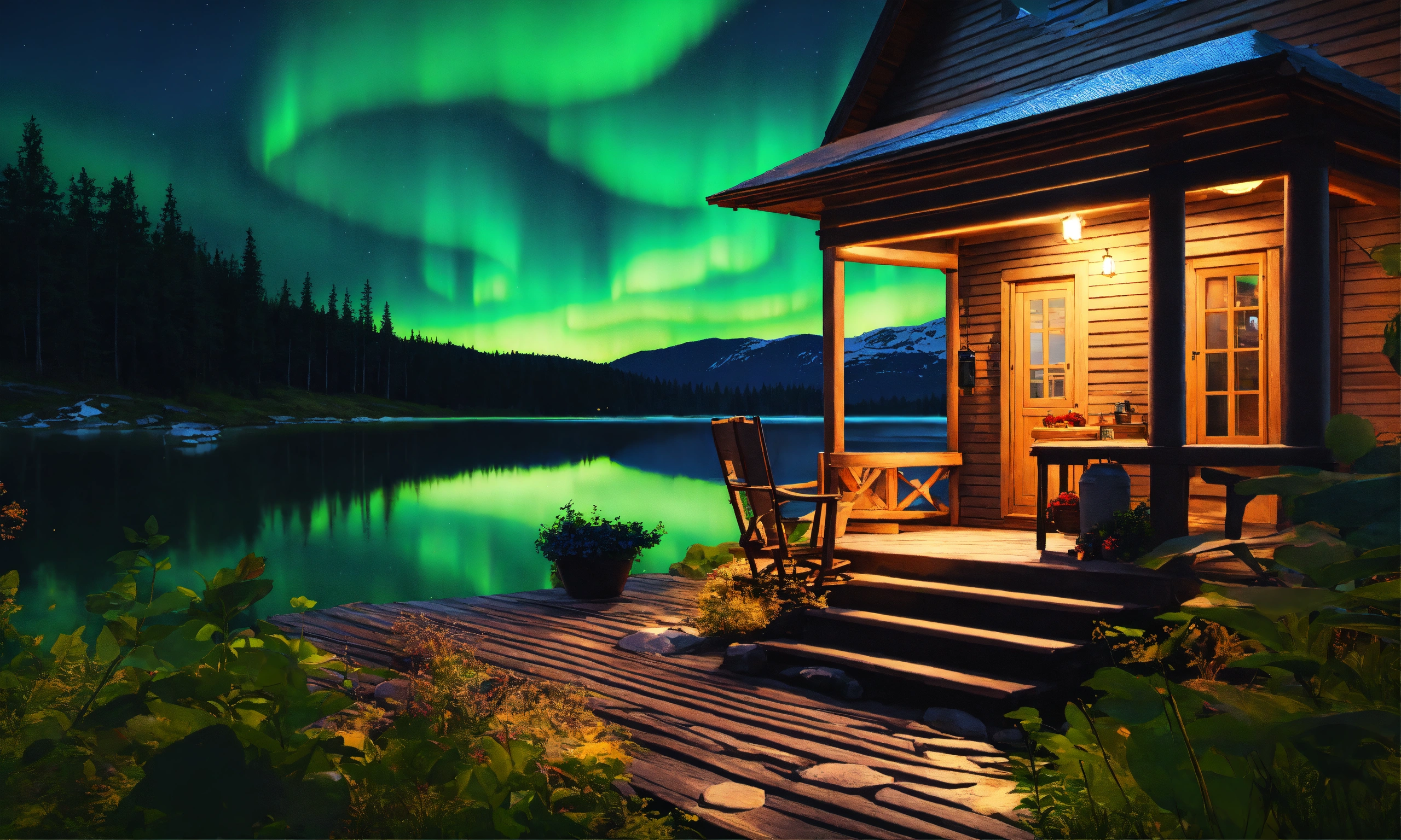 Lexica - Epic shot of ultra detailed and cozy porch in Sweden at a lake ...