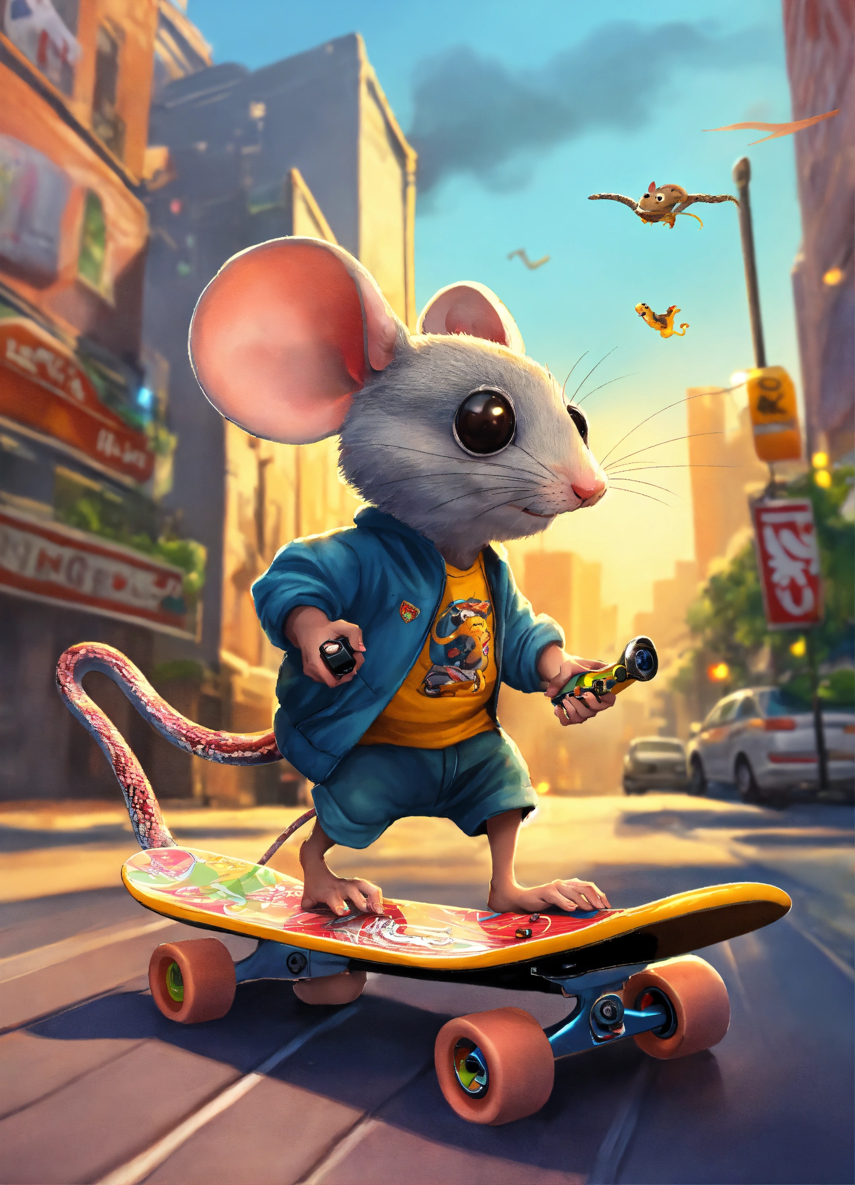 Lexica - A mouse with a snake in his nose riding a a skateboard playing ...